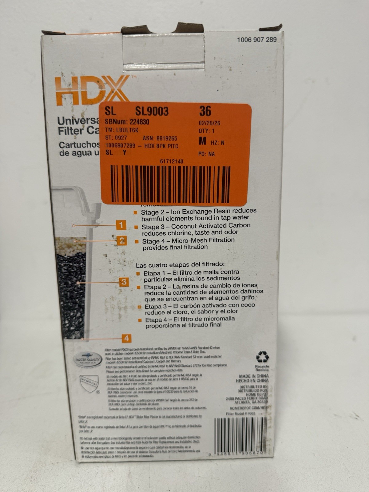 8-Pack HDX F003 Universal Water Filter Cartridges -Compatible W/ Brita Pitchers