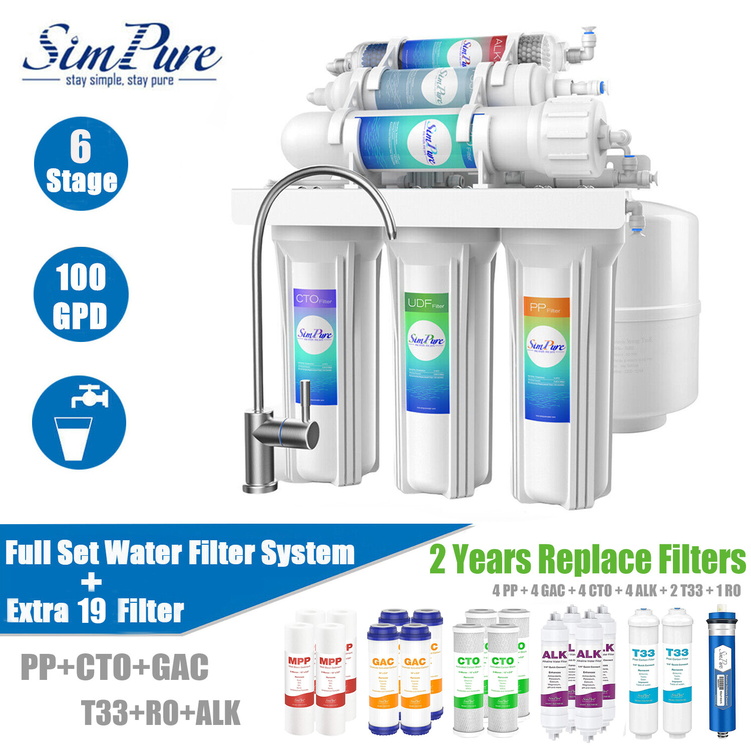 100 GPD 6 Stage Alkaline Reverse Osmosis Water Filter System + Extra 19 Filters