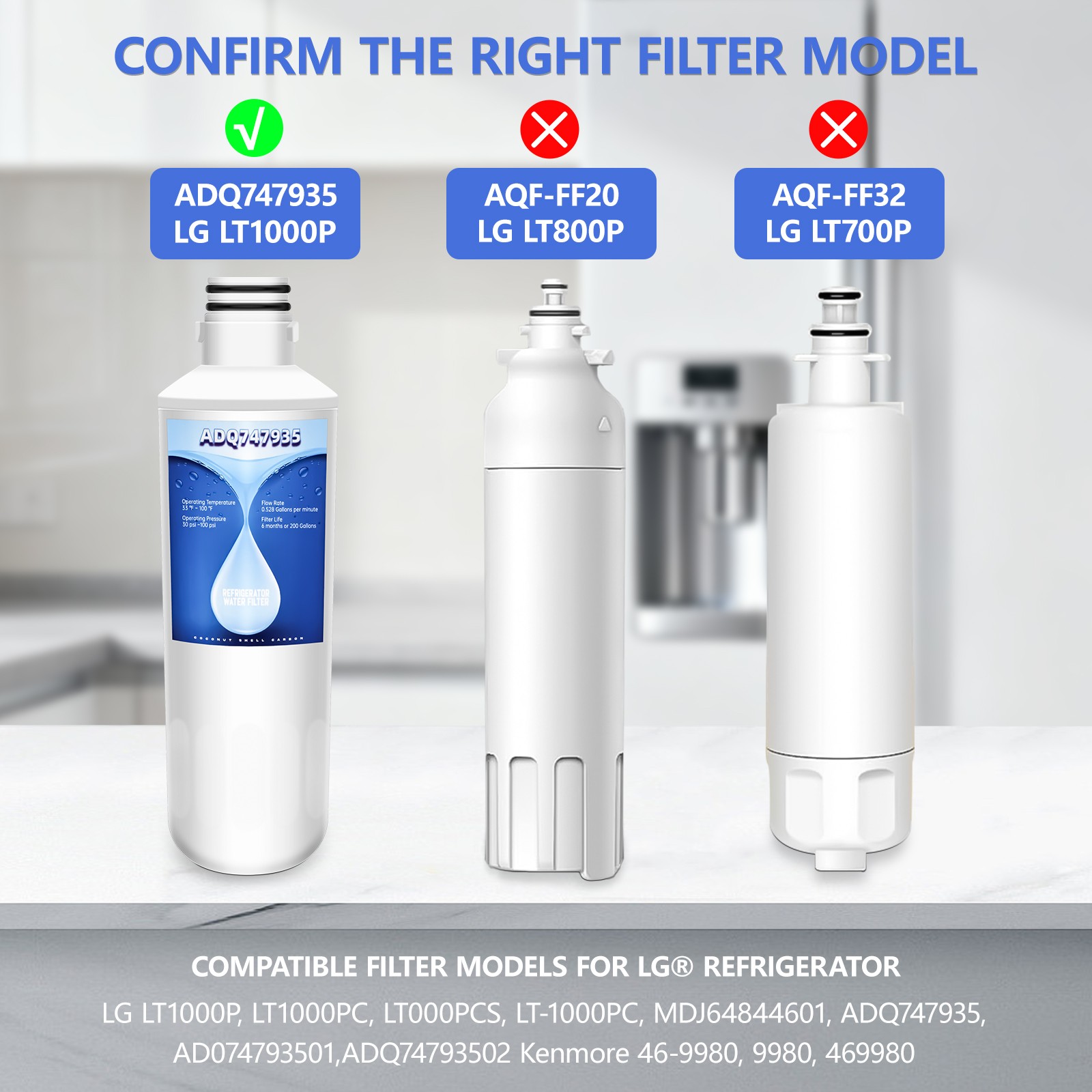 6 Pack ADQ747935 Refrigerator Water Filter Replacement for LT1000PC MDJ64844601