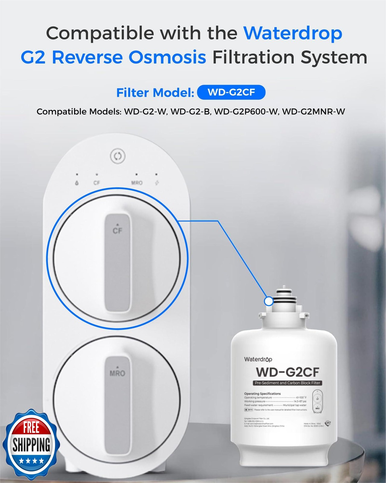 Waterdrop WD-G2CF Filter, Replacement for WD-G2-W, WD-G2-B, WD-G2P600-W Rever
