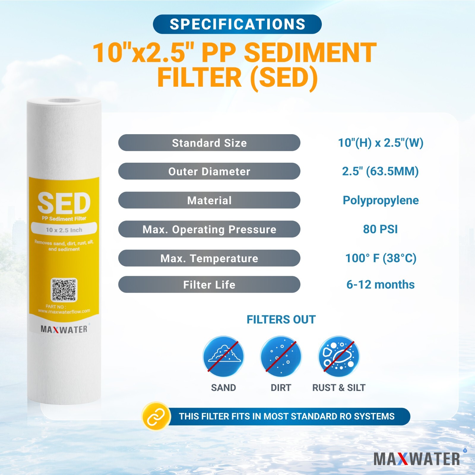1 Micron Sediment Water Filter Cartridge for Reverse Osmosis 10″ x 2.5”, 50 PACK