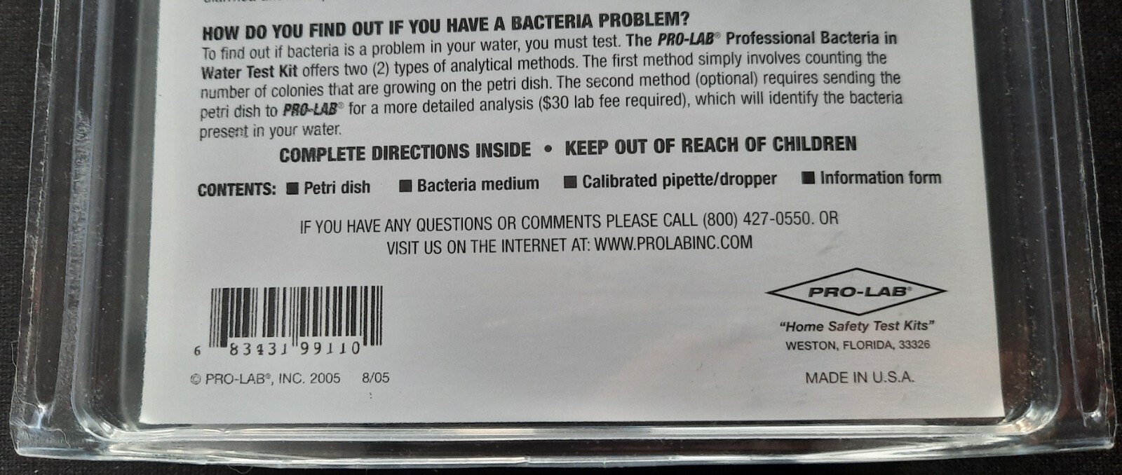 PRO-LAB BACTERIA IN WATER-DO IT YOURSELF TEST KIT – NEW From 2005