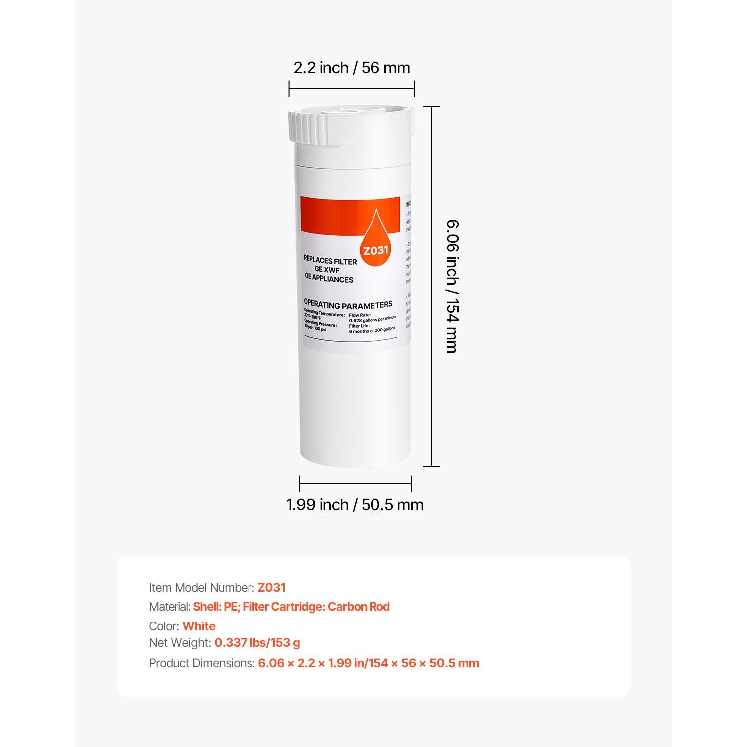 6mo Fridge Water Filter, Removes Chlorine & Odor, 200gal