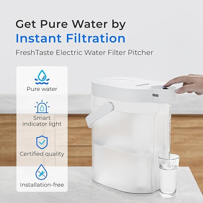 Waterdrop FreshTaste Electric Water Filter Pitcher, Rechargeable Powerful Dispen