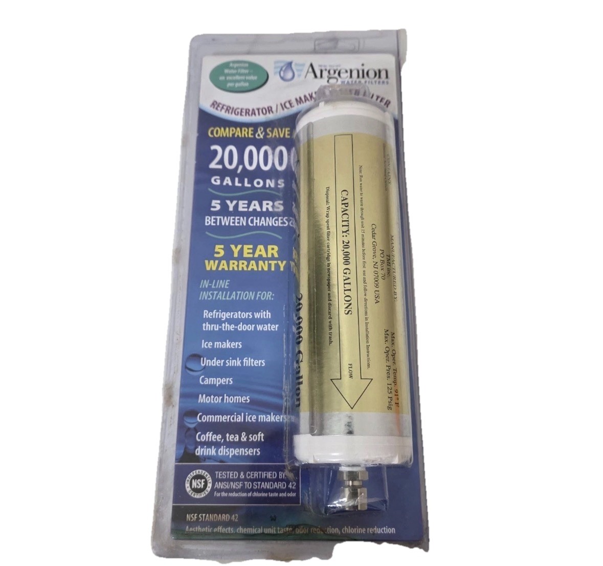 Argenion 20,000 Gal. Refrigerator In-line Water Filter 5 Yr.