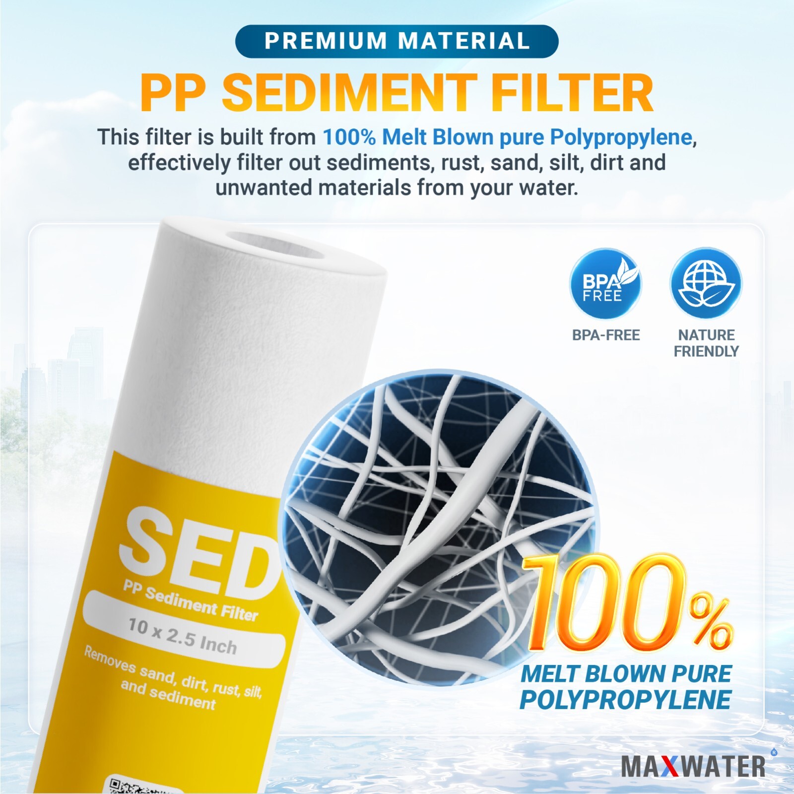 1 Micron Sediment Water Filter Cartridge for Reverse Osmosis 10″ x 2.5”, 50 PACK