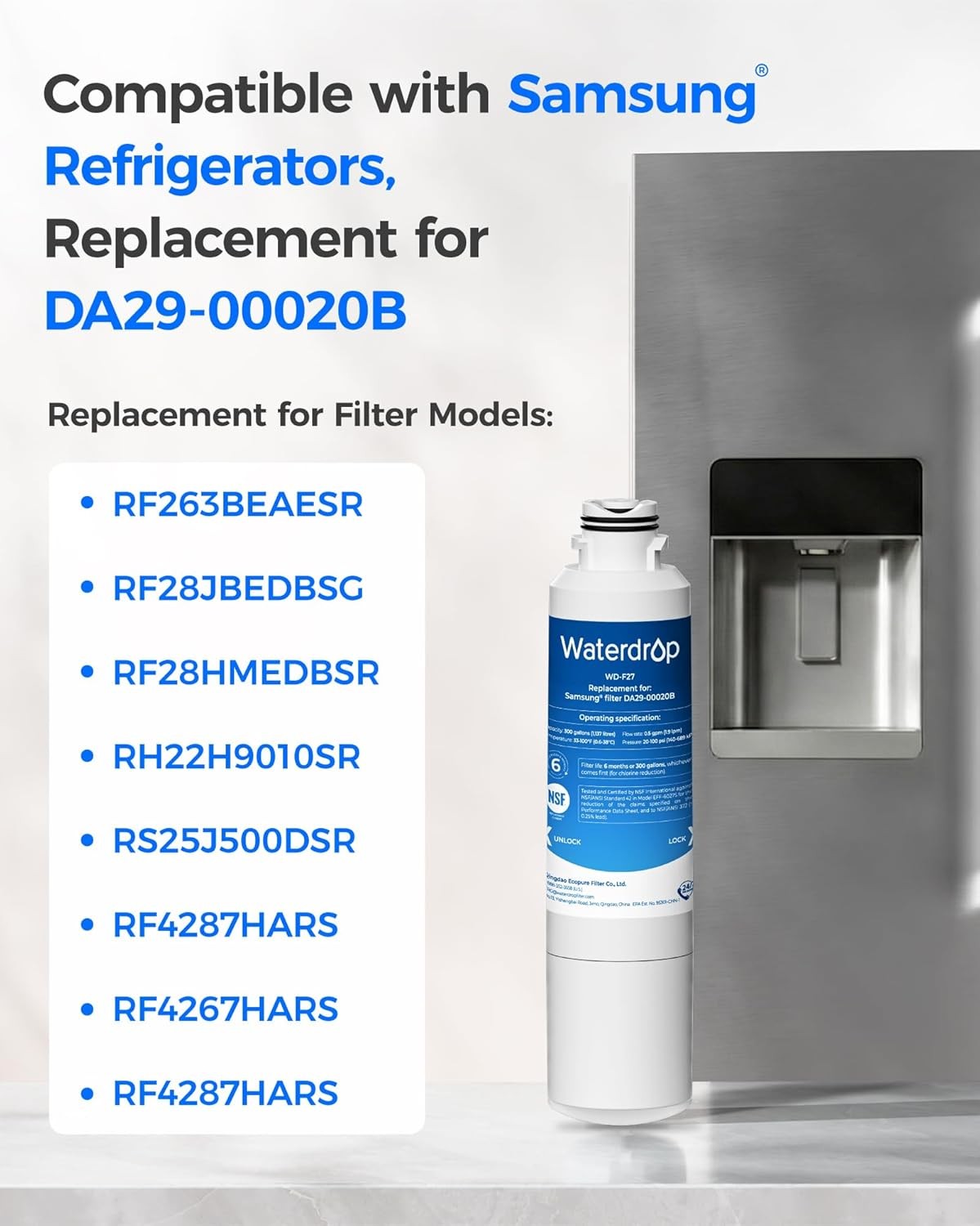 Waterdrop DA2900020B Refrigerator Filter, Replacement for Samsung DA2900020B