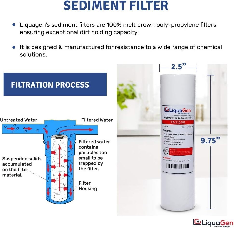 LiquaGen 5 Micron Sediment Filter 10″ PP RO Cartridge 1 /3 /16 /25 /50 Pack