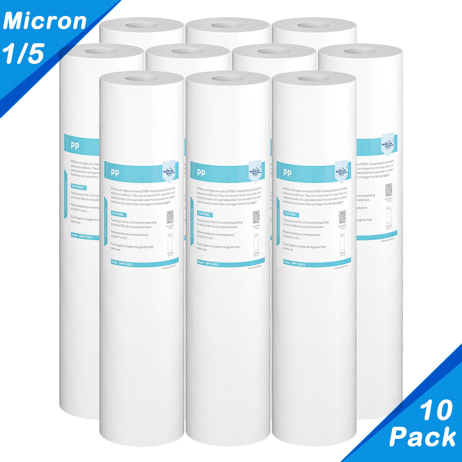 10 Pack 1/5 Micron 20″x4.5″ Sediment Water Filter Whole House Big Blue Cartridge