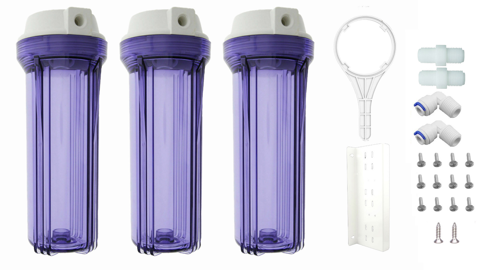 Clear Standard 10 x 2.5 Inch Water Filter Housing (1/4 FPT) x 3 w Bracket Wrench