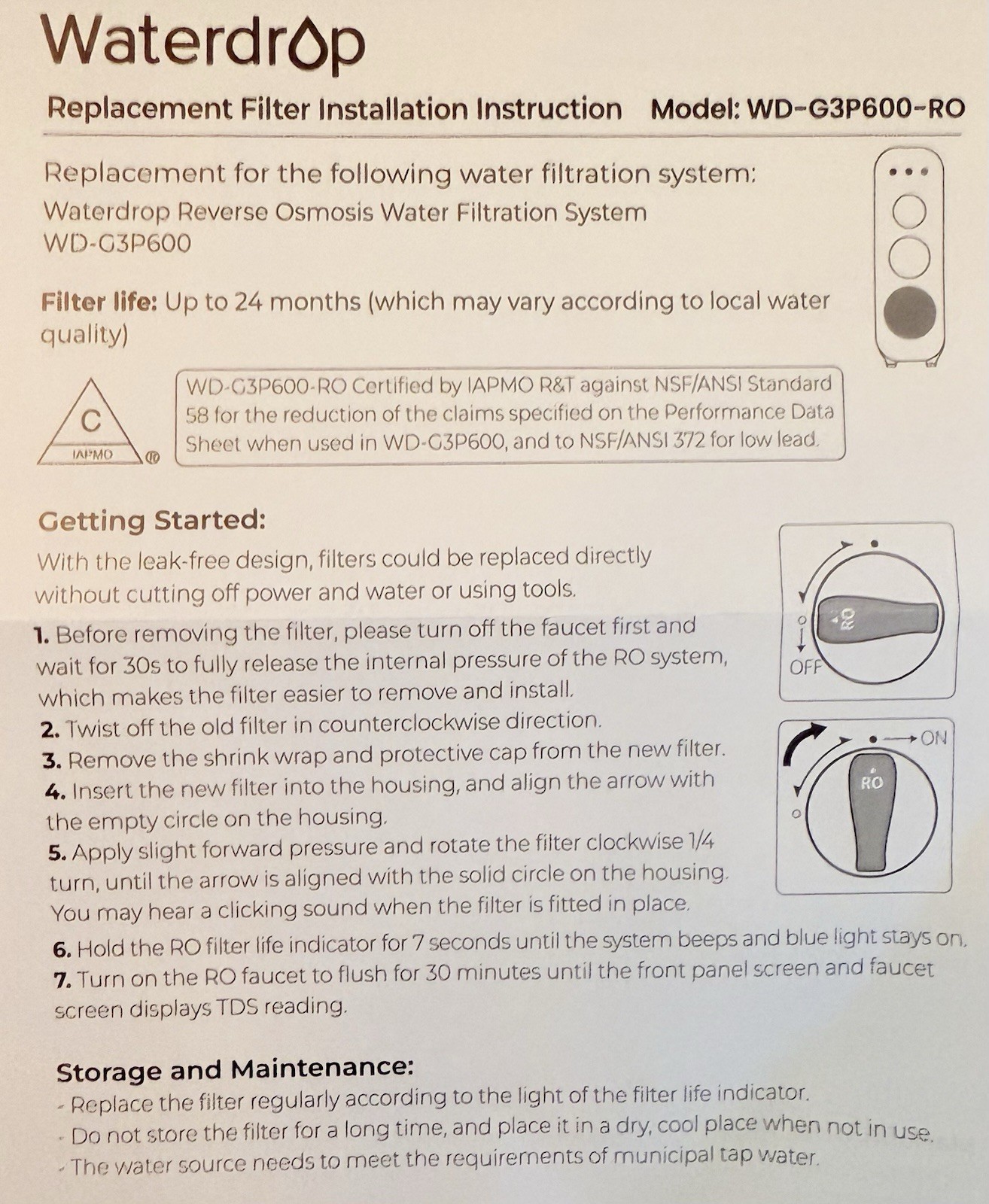 Water Drop Filter WD-G3P600-RO