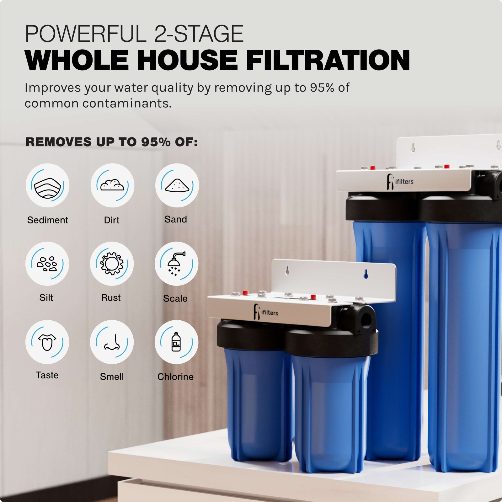 Whole House Filter System 2 Stage 20″ Sediment Chlorine Taste Odor VOCs 1″ Ports