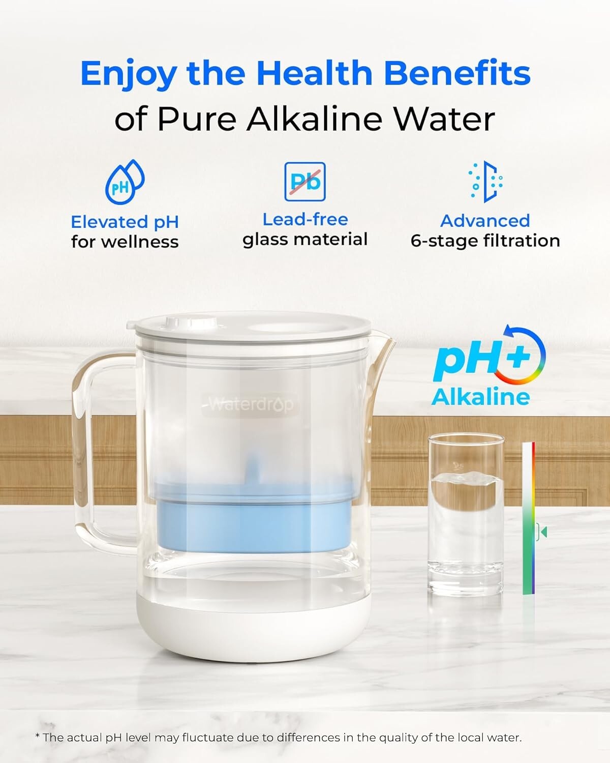 [Alkaline] Waterdrop Glass Alkaline Water Filter Pitcher with 1 Filter, Clear