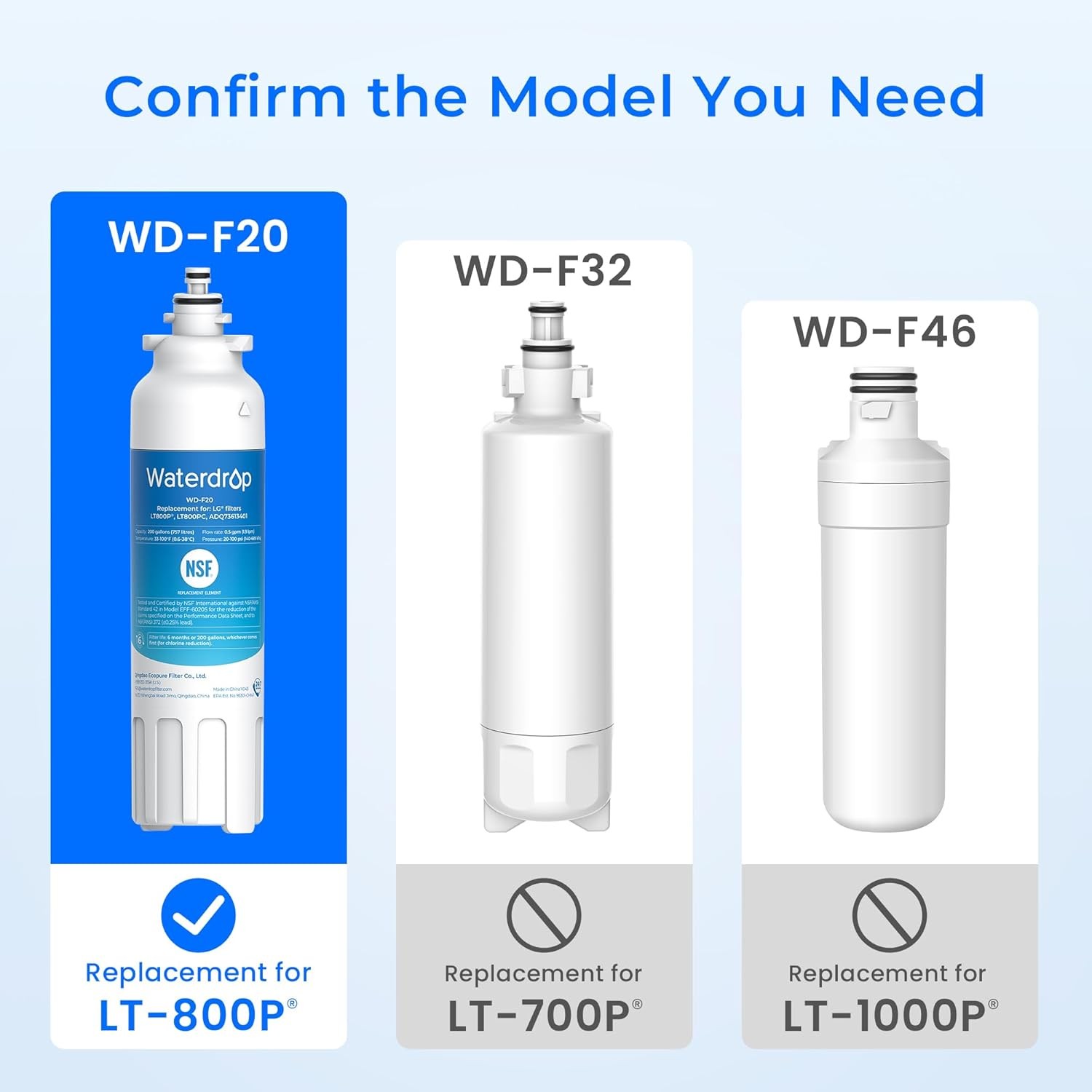 Waterdrop Refrigerator Water Filter, Replacement for LG® LT800P®, Pack of 6