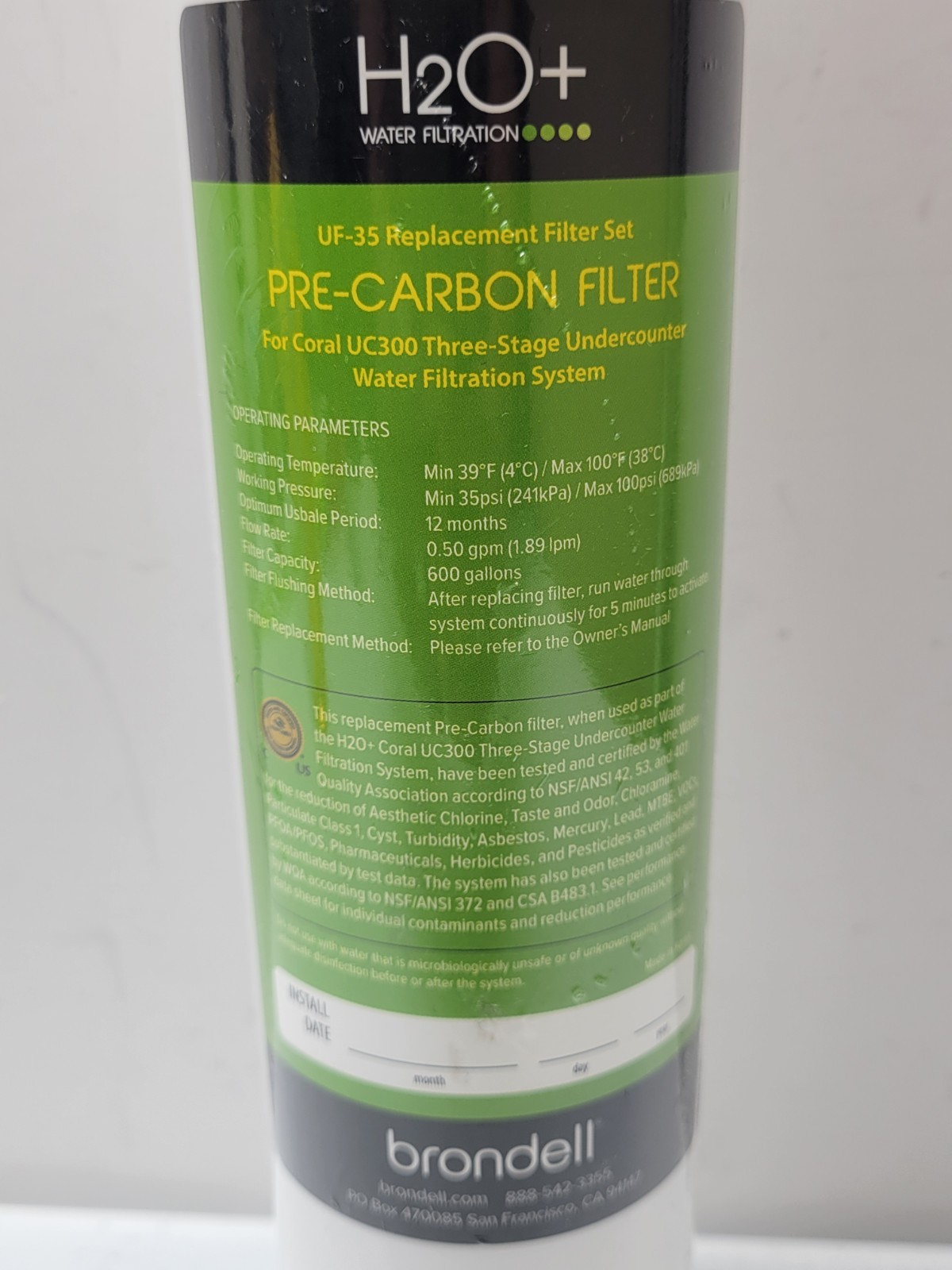 Brondell H2O+ Pre CARBON BLOCK Water Filter (green) UF-35 NEW