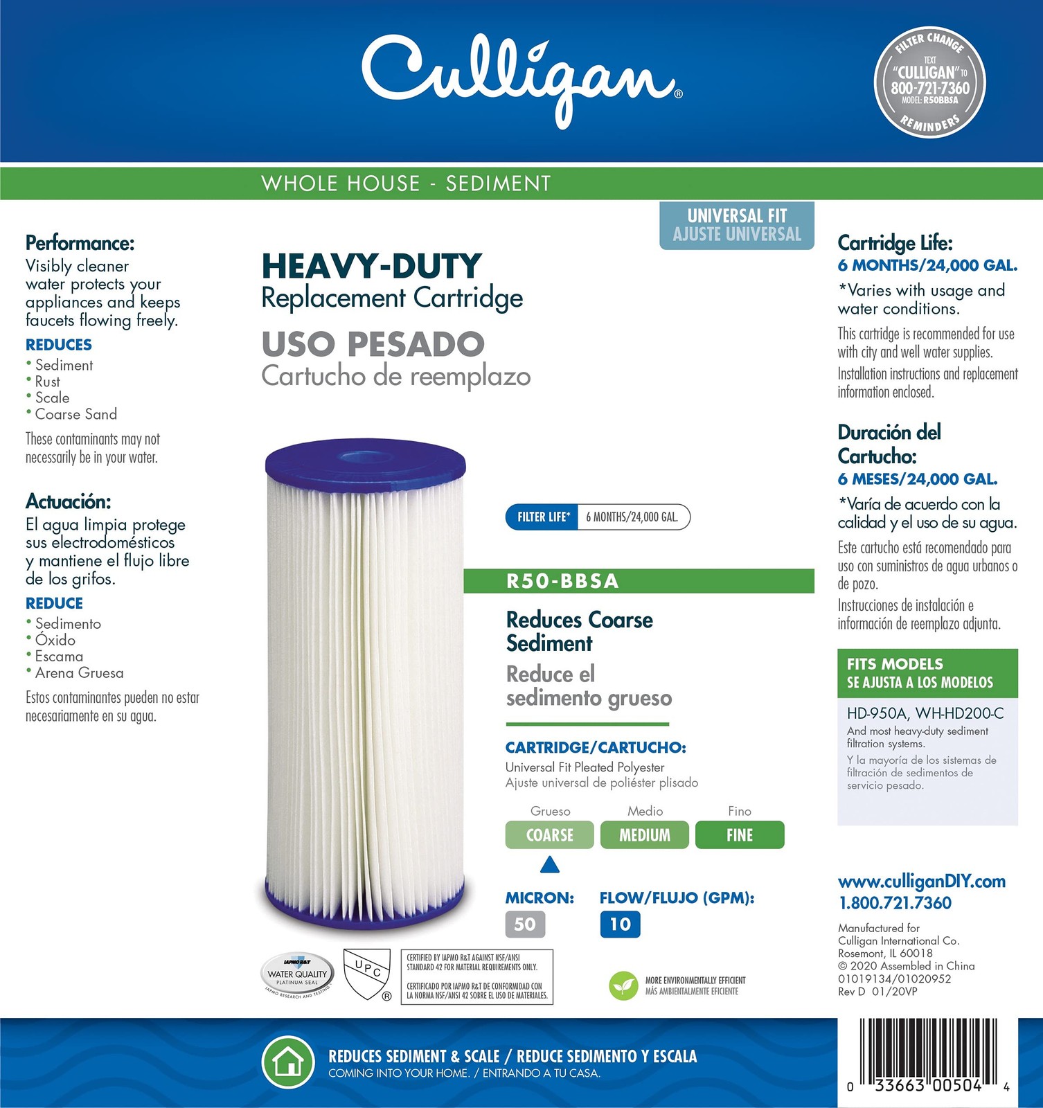 Culligan Whole House Replacement Filter For Culligan HD-950A R-50BBSA