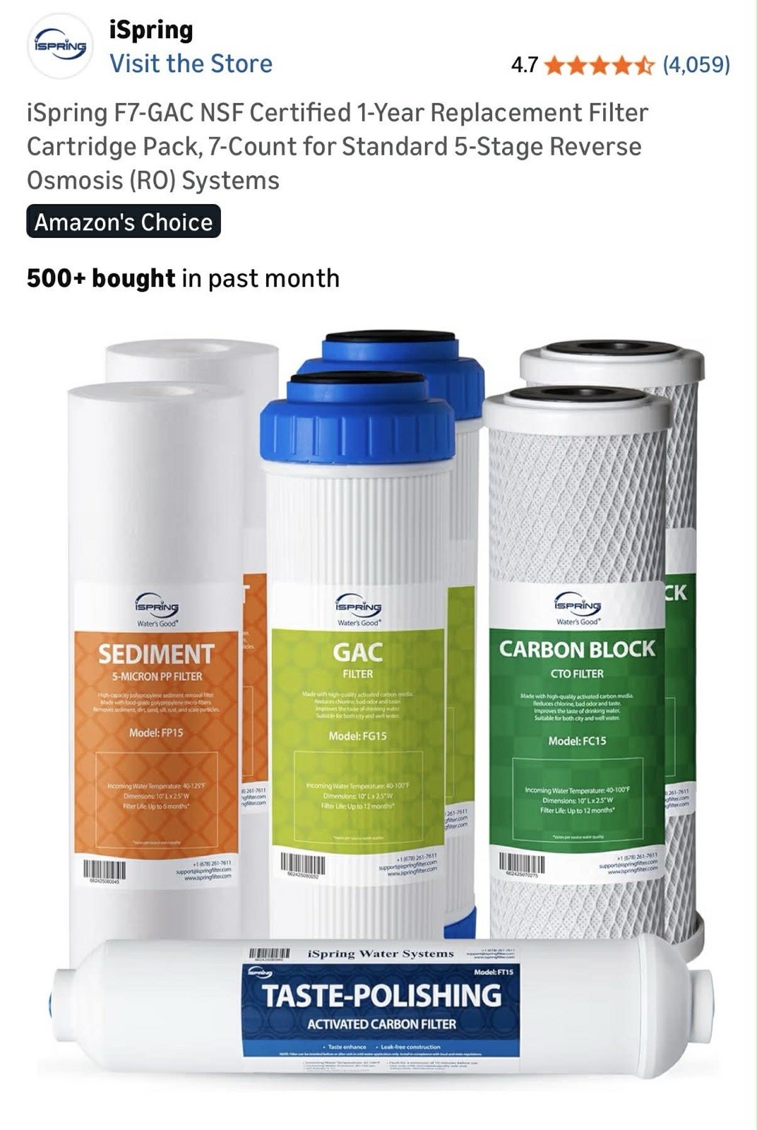 iSpring F7-GAC 1 Year Replacement Filter Cartridge Pack for 5 Stage RO Systems