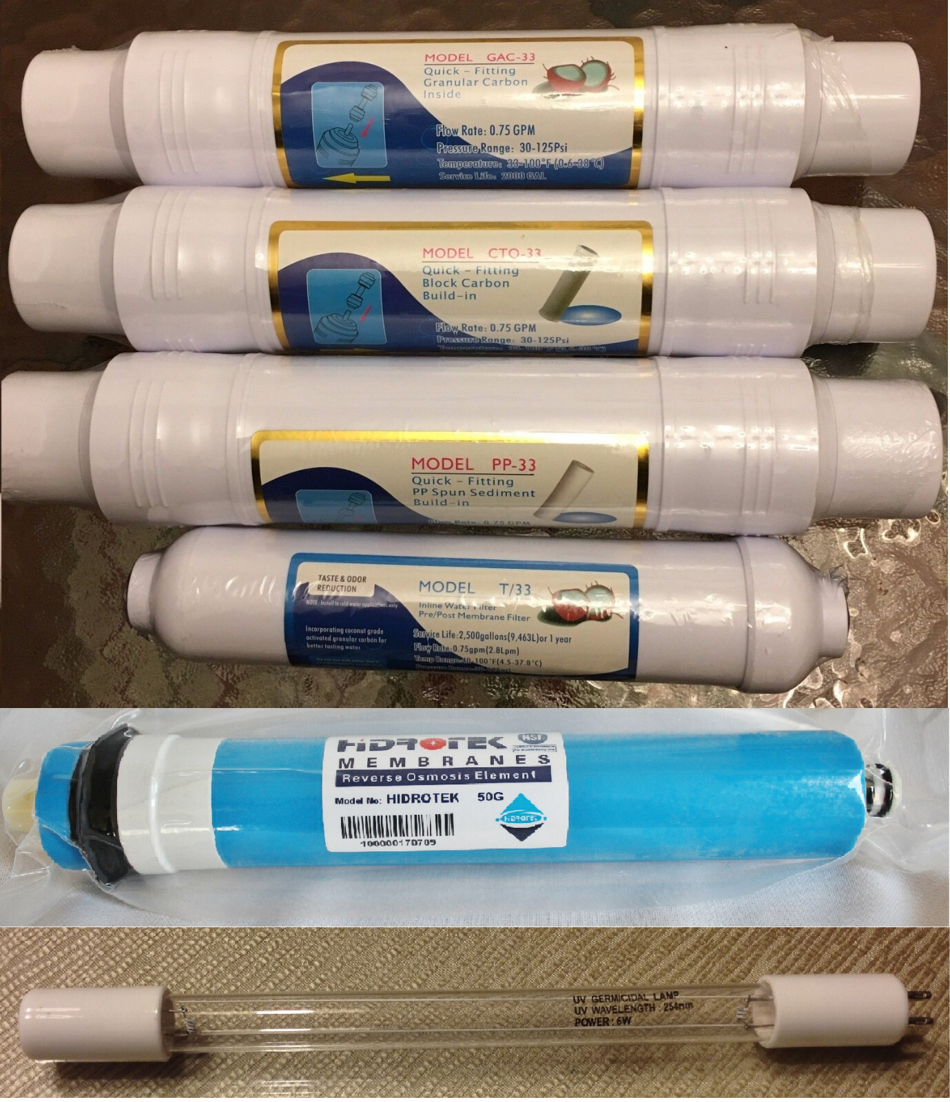 5 or 6 Stage W01 RO Water Filter System Refill Filter Kit + RO 50G + UV 6w Lamp