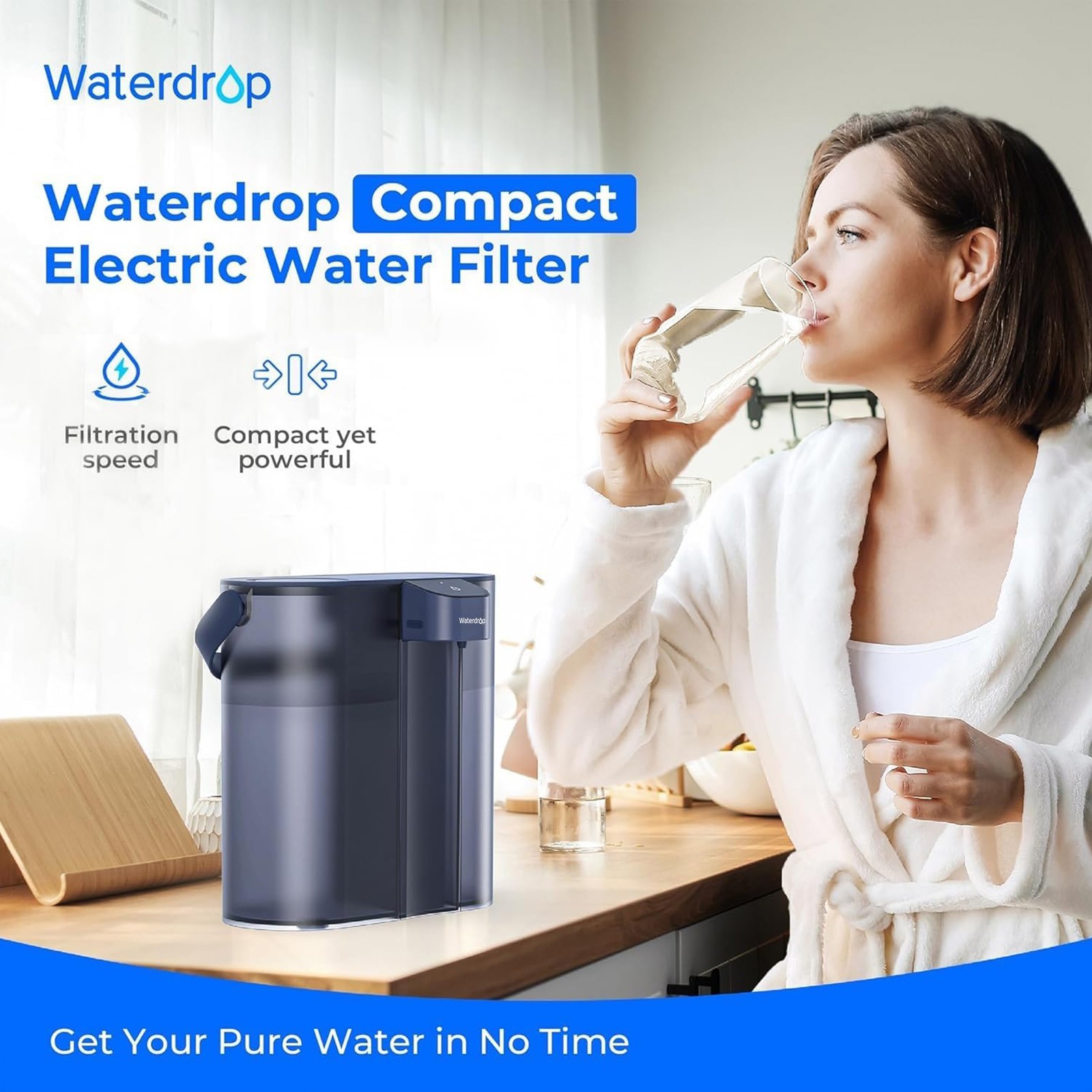 Waterdrop Compact Electric Water Filter Pitcher, Dispenser,Blue, with 1 Filter