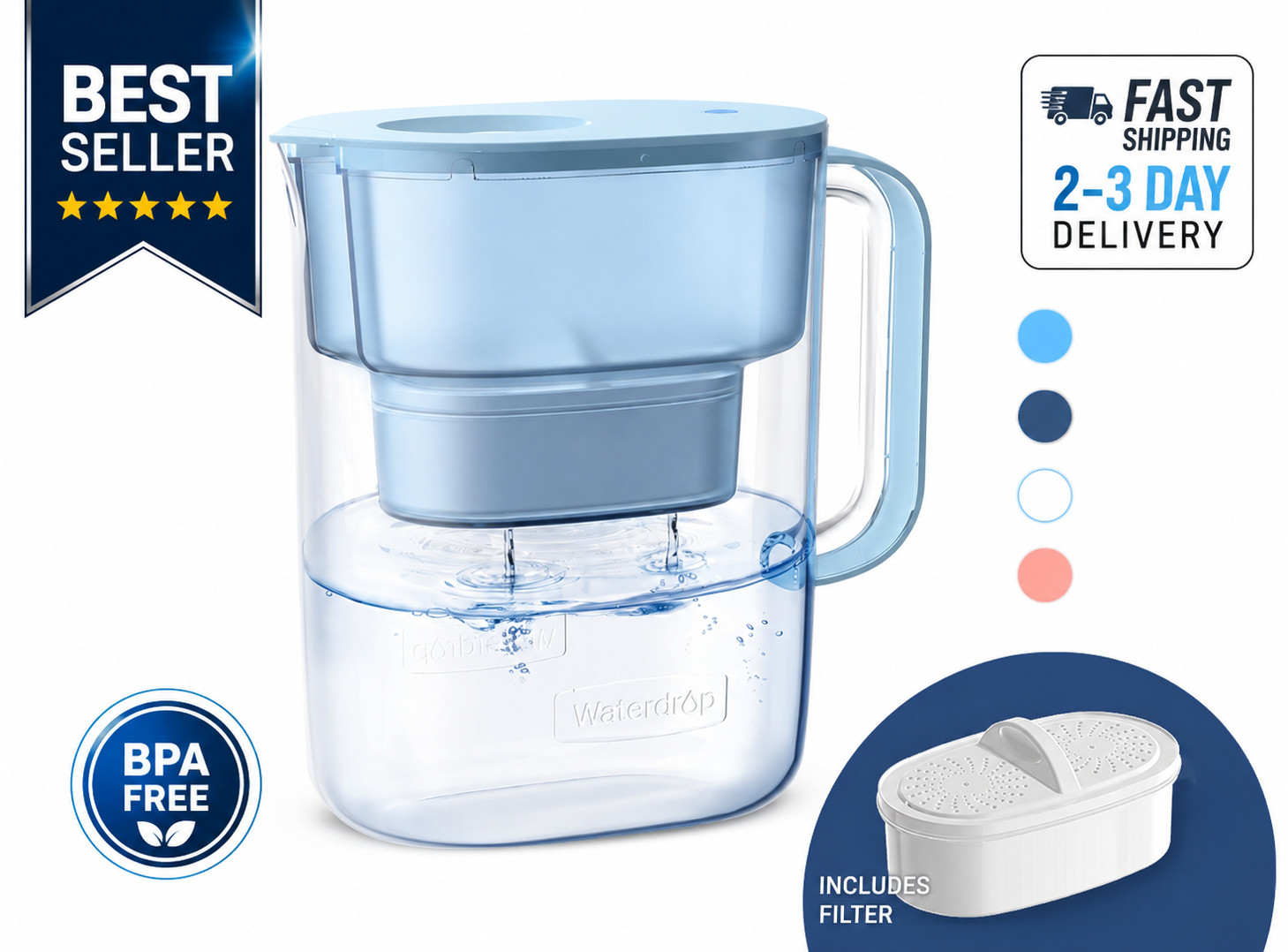 Waterdrop Water Filter Pitcher with 1 Filter, 200-Gallon Long-Life, 10-Cup Large