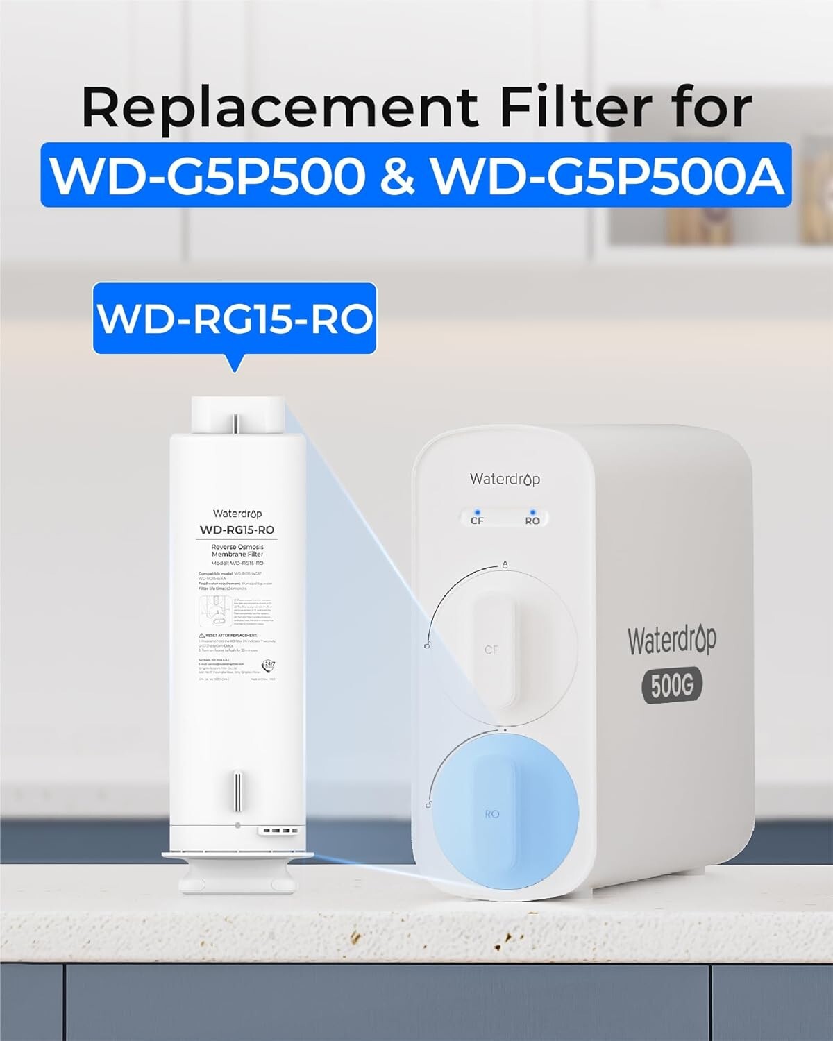 Waterdrop WD-G5P500-RO Filter,Replacement for WD-G5P500 & WD-G5P500A, 24-month