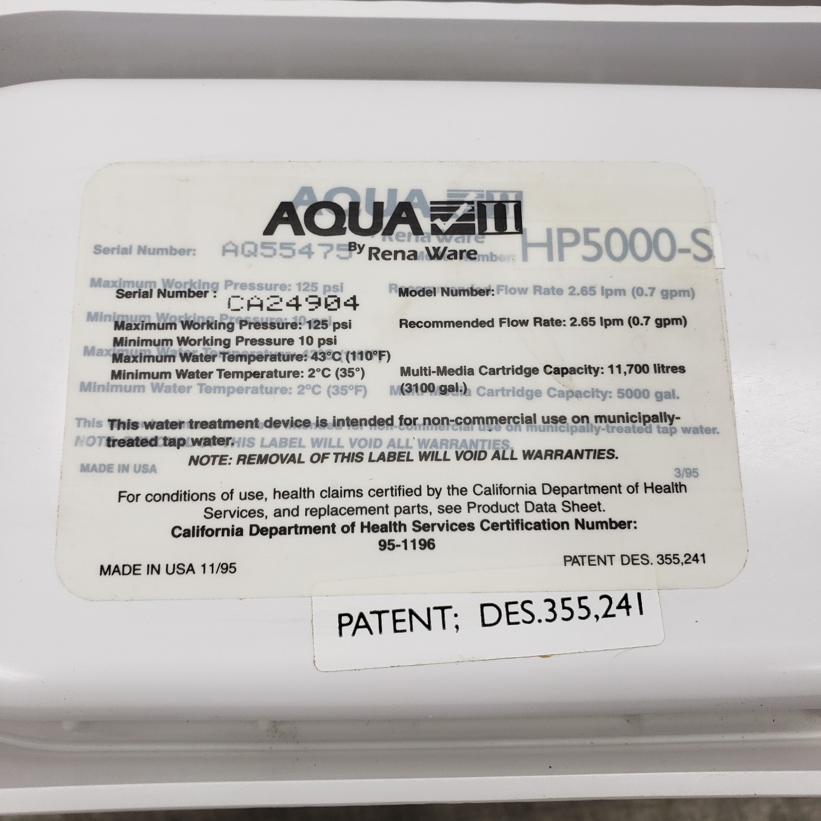 Aqua II 5000 by Rena Ware Water Filtertration Main Unit Only -PARTS-