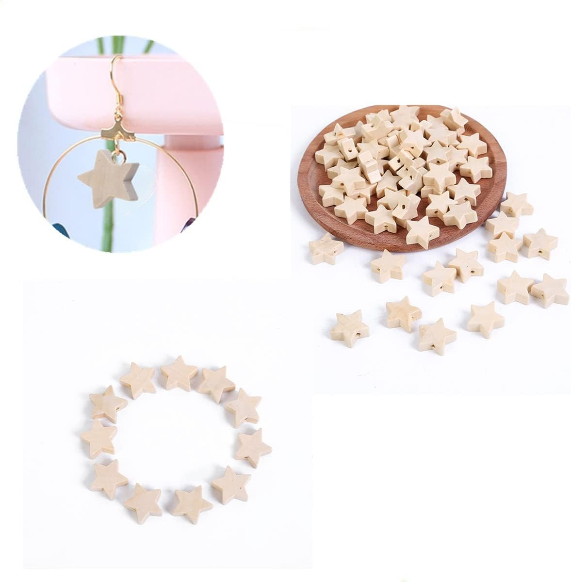 50Pcs Unfinished Natural Wooden Five-Pointed Star Beads, Natural Star Shaped Spa