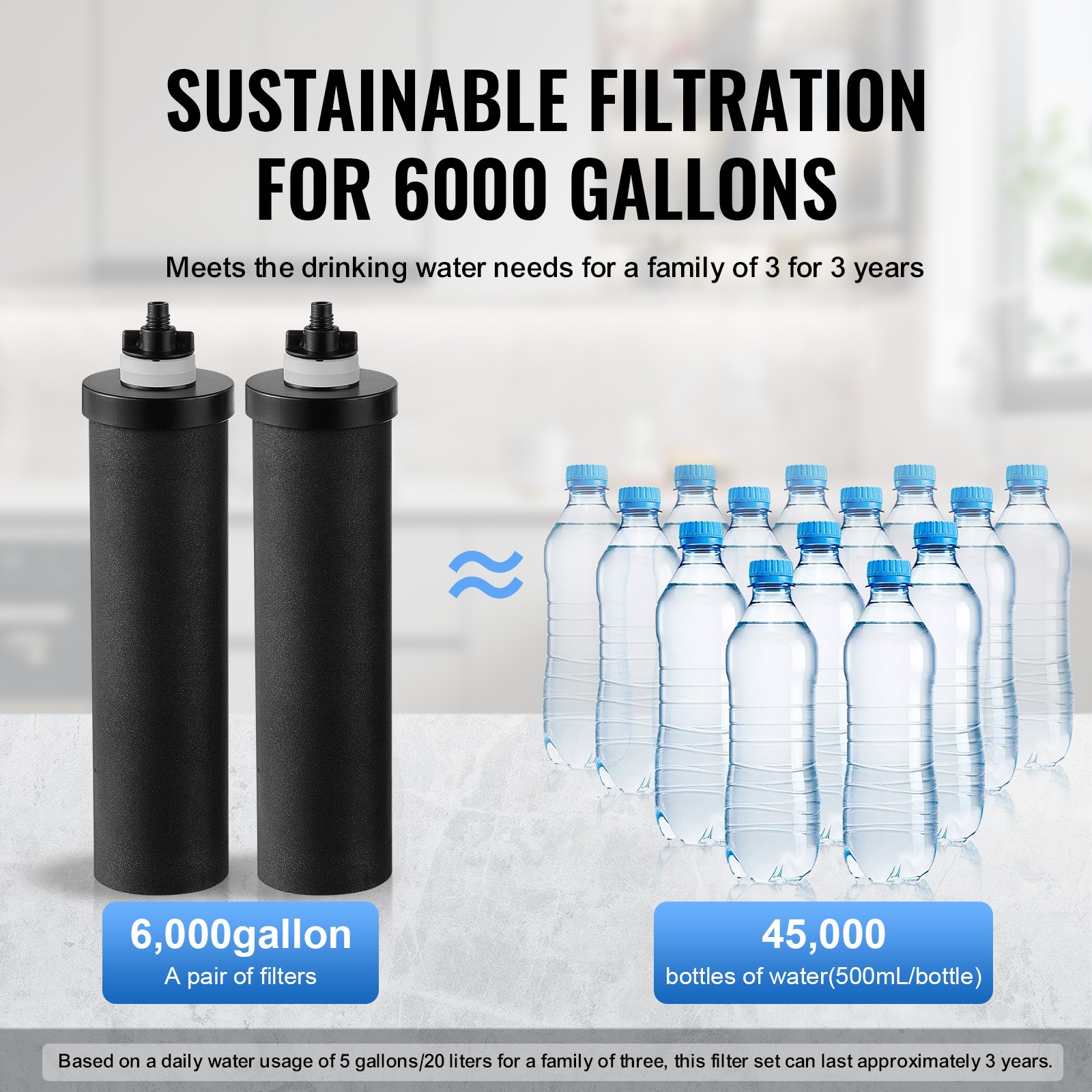 Uimoso2.25G Gravity-fed Water Filter Countertop System Stainless Steel 2 Filters