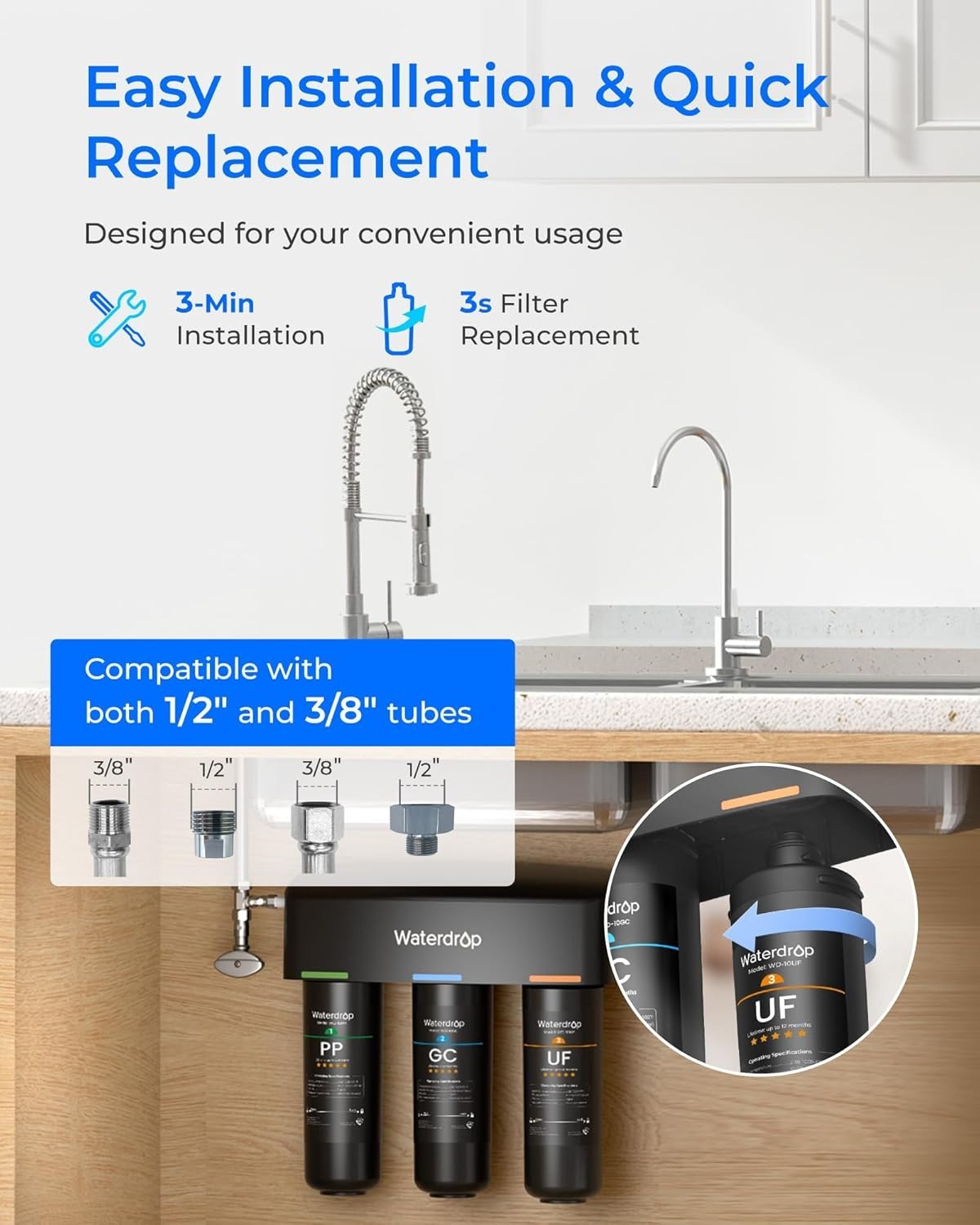 Waterdrop TSB-UF Ultra Filtration Under Sink Water Filter System, 9 Layer