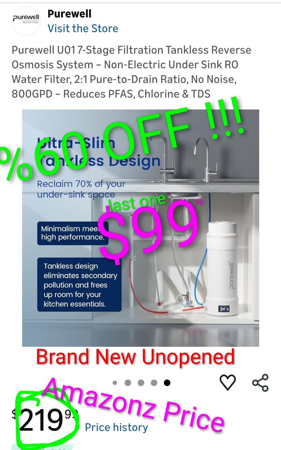 PUREWELL U01 Tankless Filtration RO Reverse Osmosis 800GPD Water Filter NO ELEC.