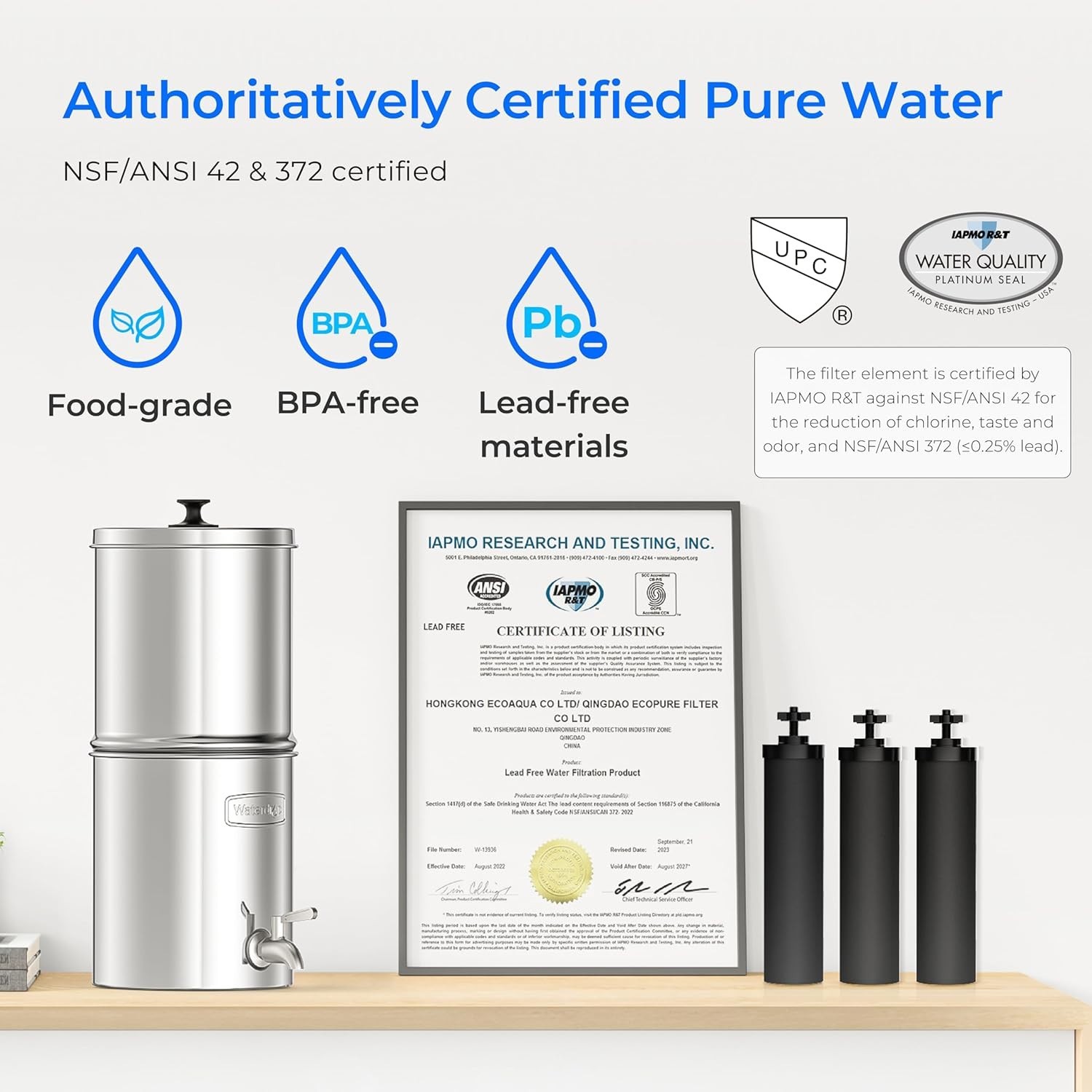 Waterdrop Gravity-fed Water Filter System with 3 Carbon Filters & Metal Spigot