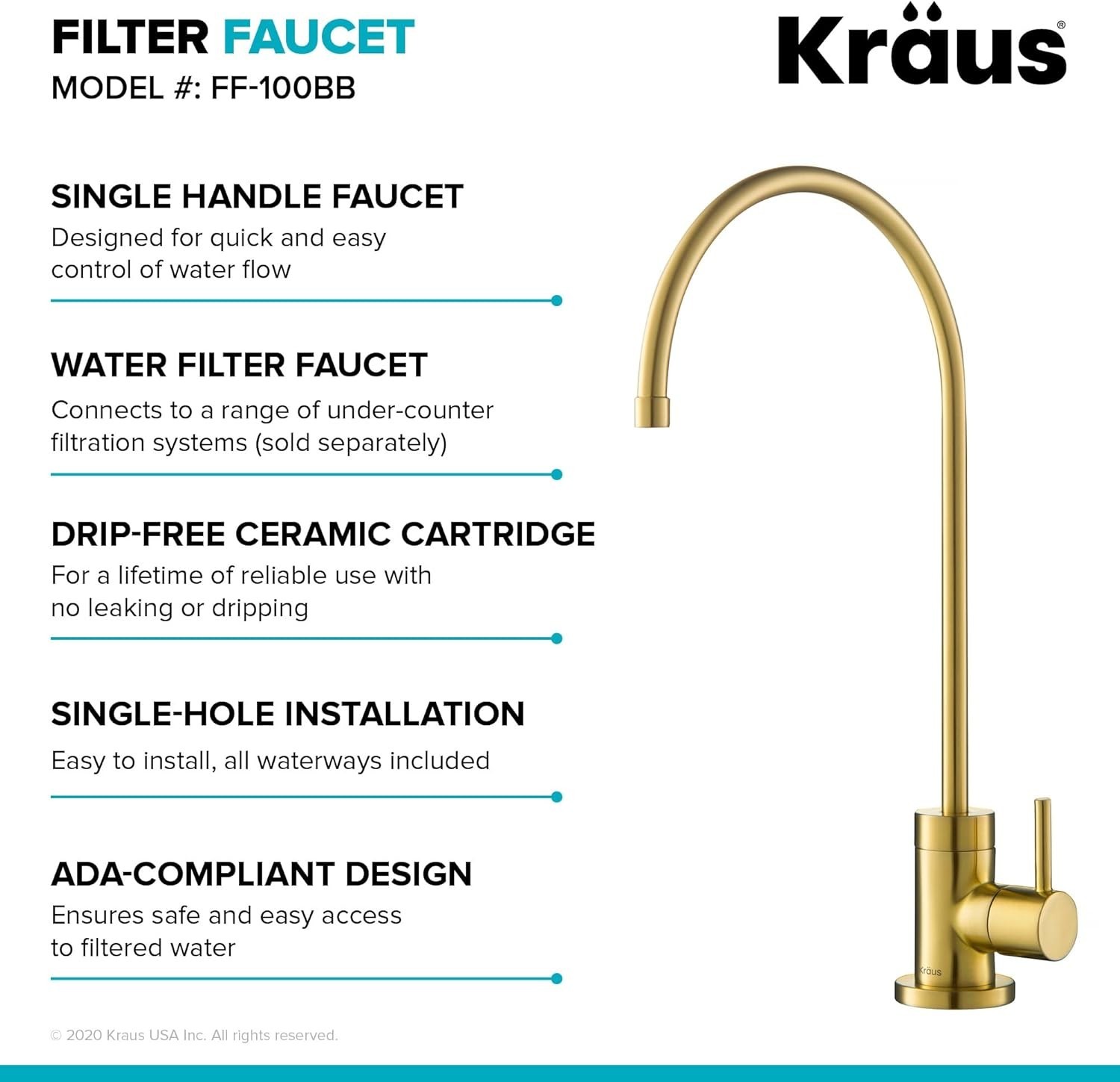 Kitchen Water Filter Faucet Brass 12-in Lead-Free Durable Modern Style