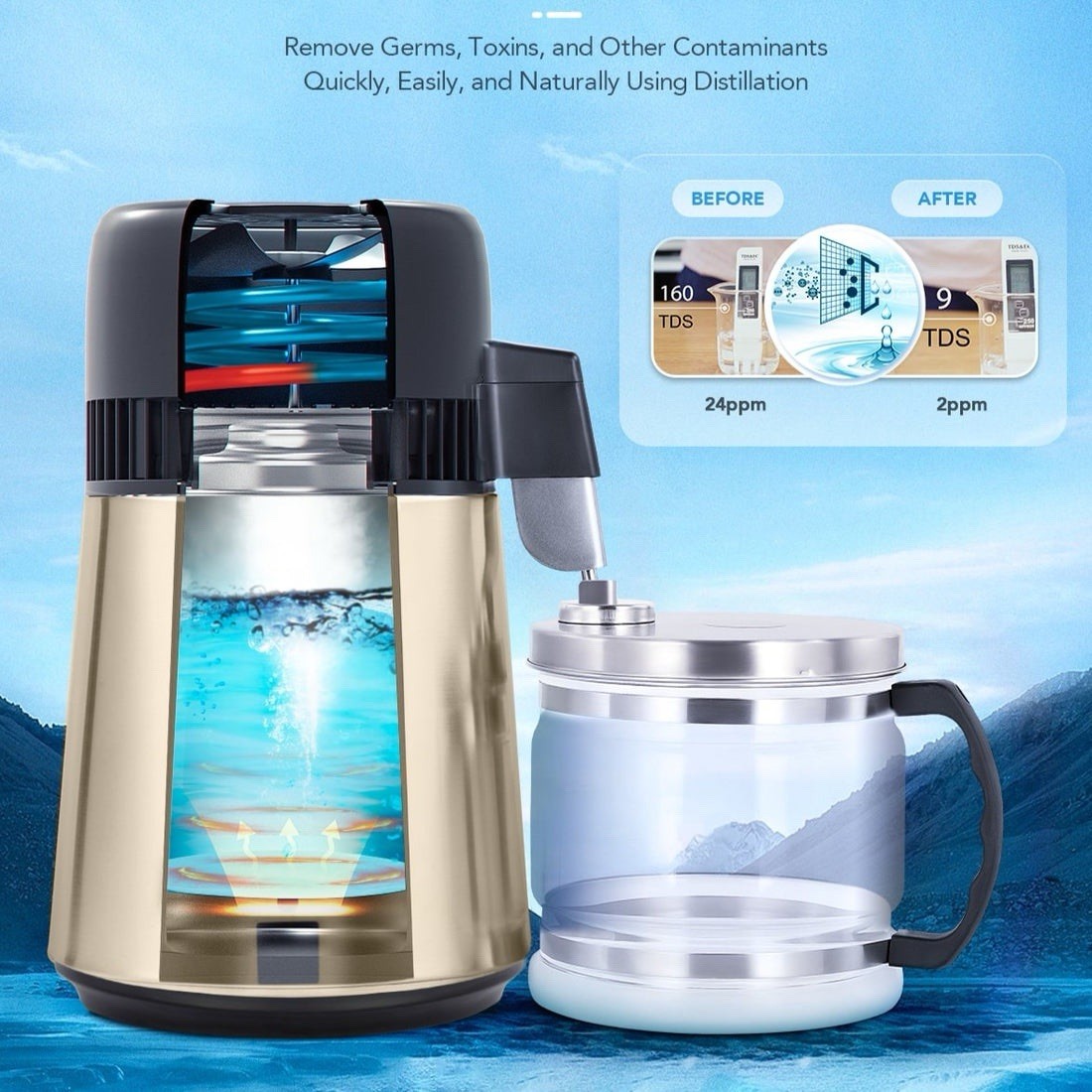 CO-Z 1.1 Gal Water Distiller 750W Glass & Stainless Steel Purifier Gold