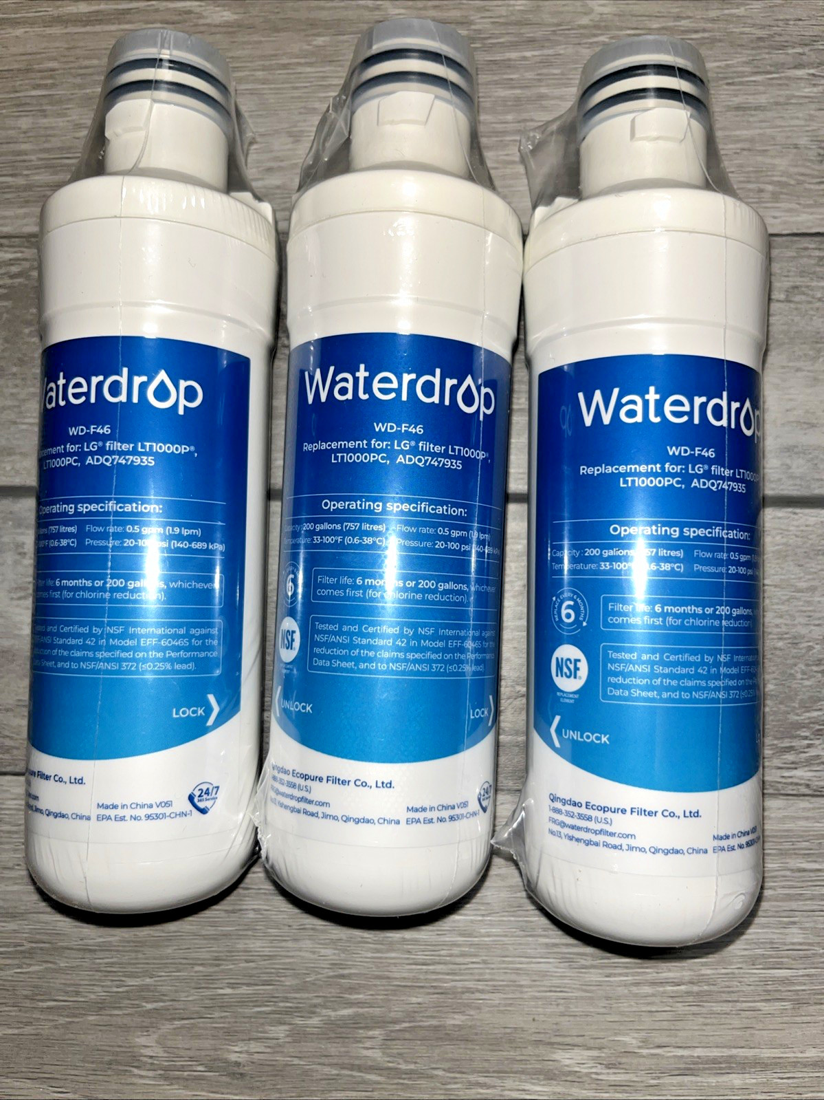 Set of 3 Waterdrop WD-F46 Replacement Refrigerator Water Filters for LG LT1000