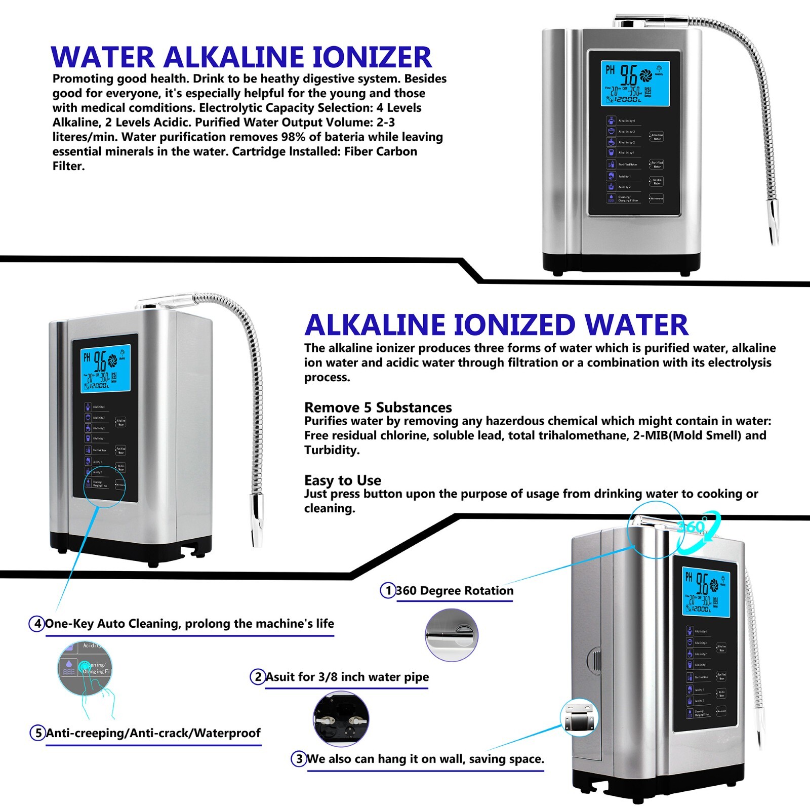 Alkaline Water Ionizer machine hydrogen water Purifier pH3.5-10.5 Water filter