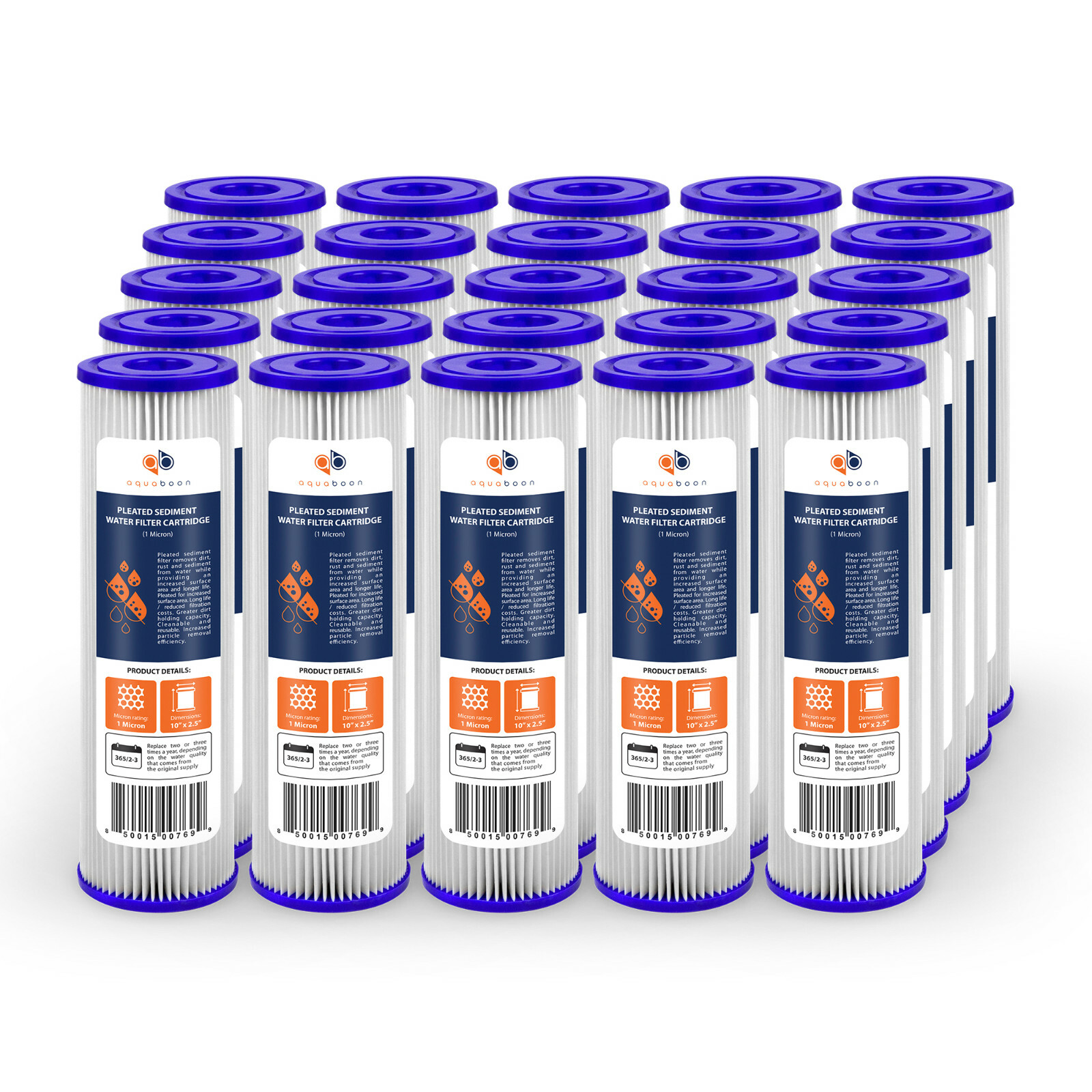 25 Pack of 1µm Pleated Sediment Water Filter Cartridges 10″x2.5″ Standard Size
