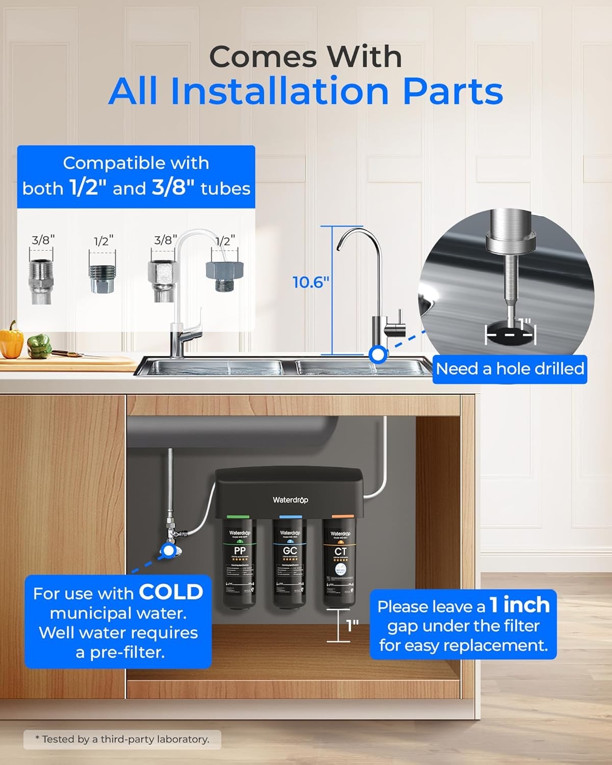 Waterdrop TSB 3-Stage Under Sink Water Filter System with Extra 10PP Filter