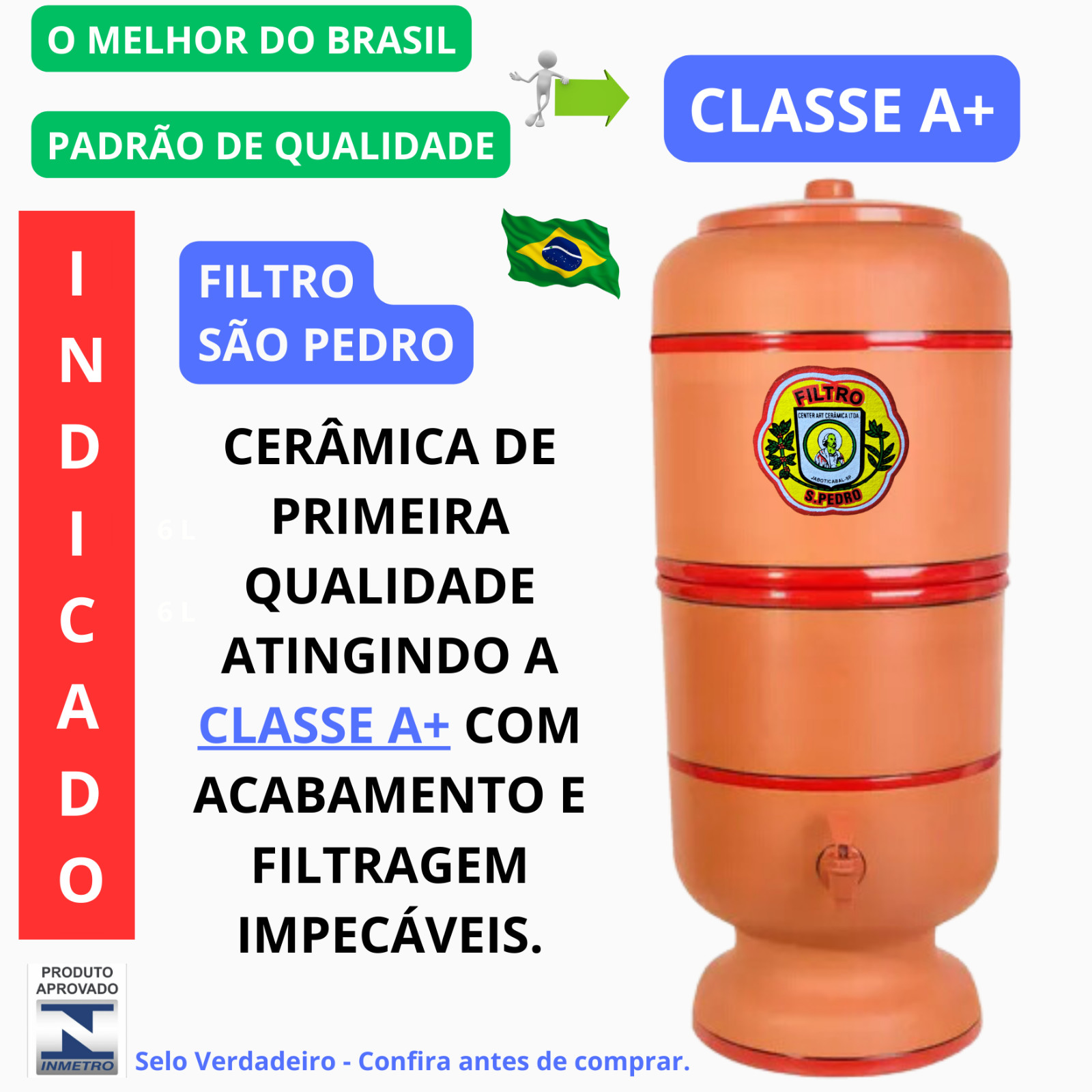 Filtro de barro 12 Litros (6+6) Completo com duas Velas Tripla Ação- São Pedro