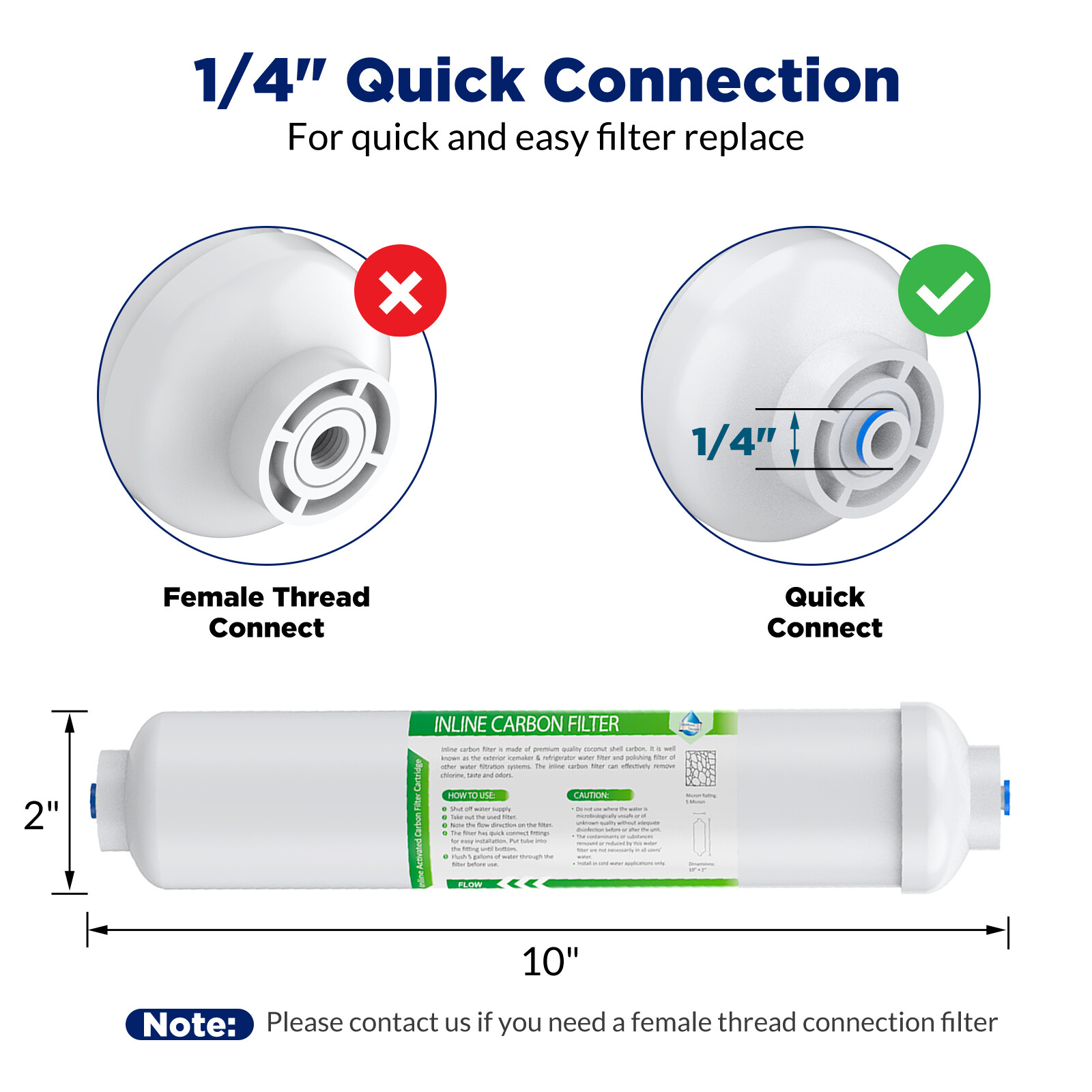 10″x2″ 1/4″ FNPT/Quick Connect T33 Inline Post Carbon Water Filter Cartridge NSF