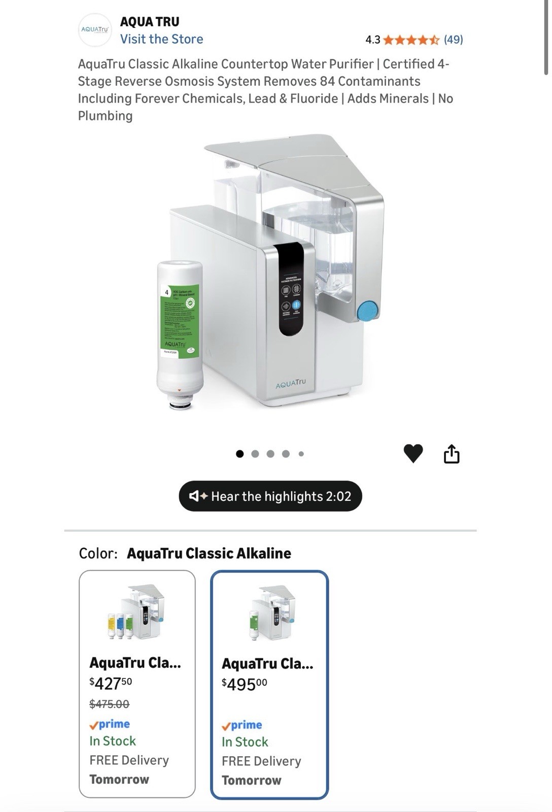 AquaTru Classic Alkaline Countertop Water Filter System New Open Box