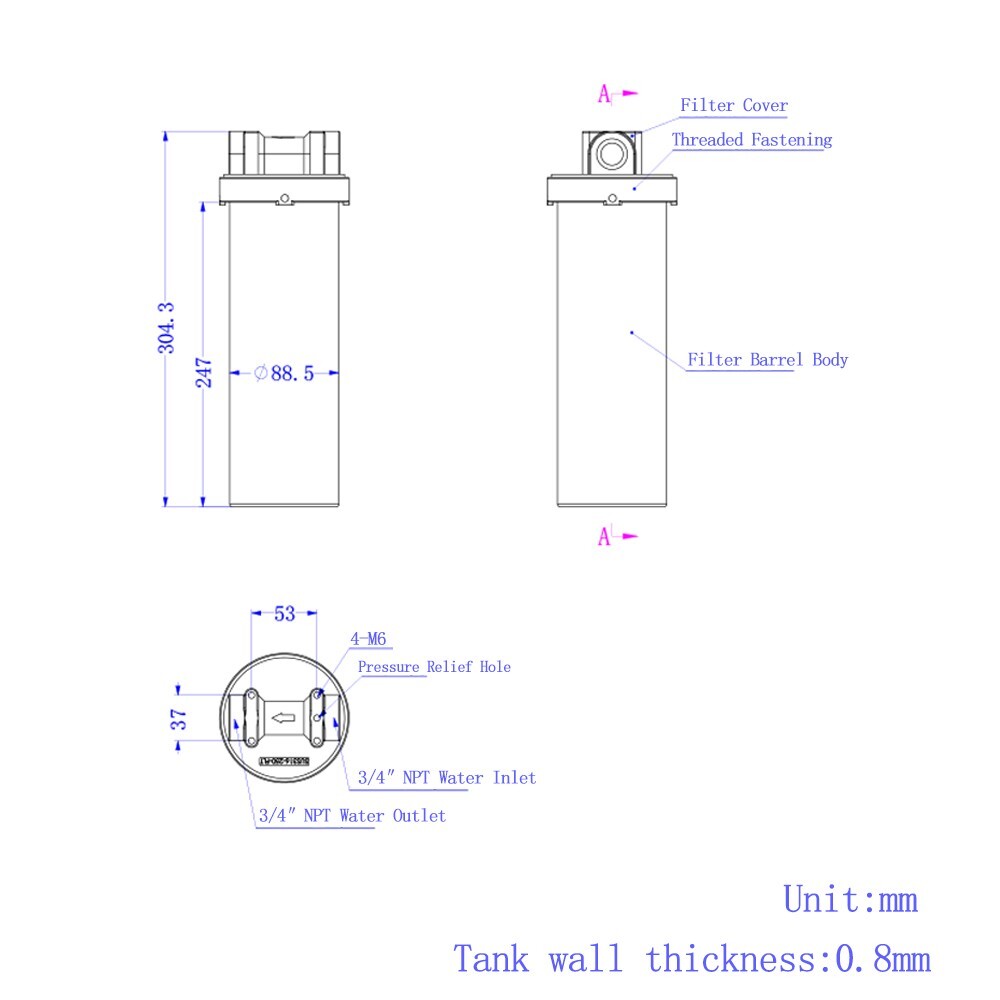 304 Stainless Steel Heavy Duty Water Filter Housing for 10″L cartridges 3/4″NPT