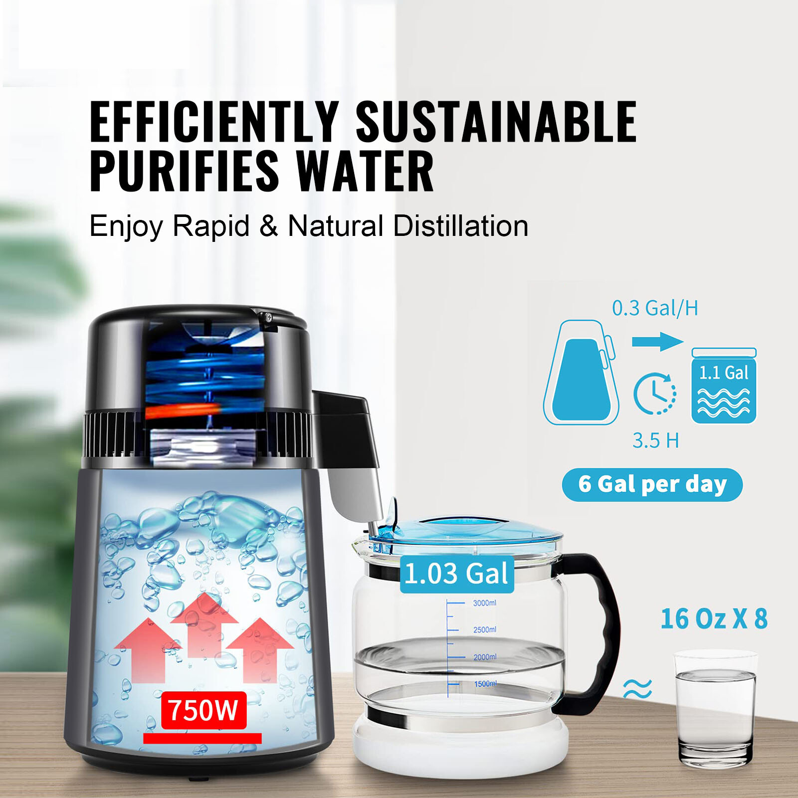 VEVOR Water Distiller 4L Water Purifier Countertop Stainless Steel Interior 750W