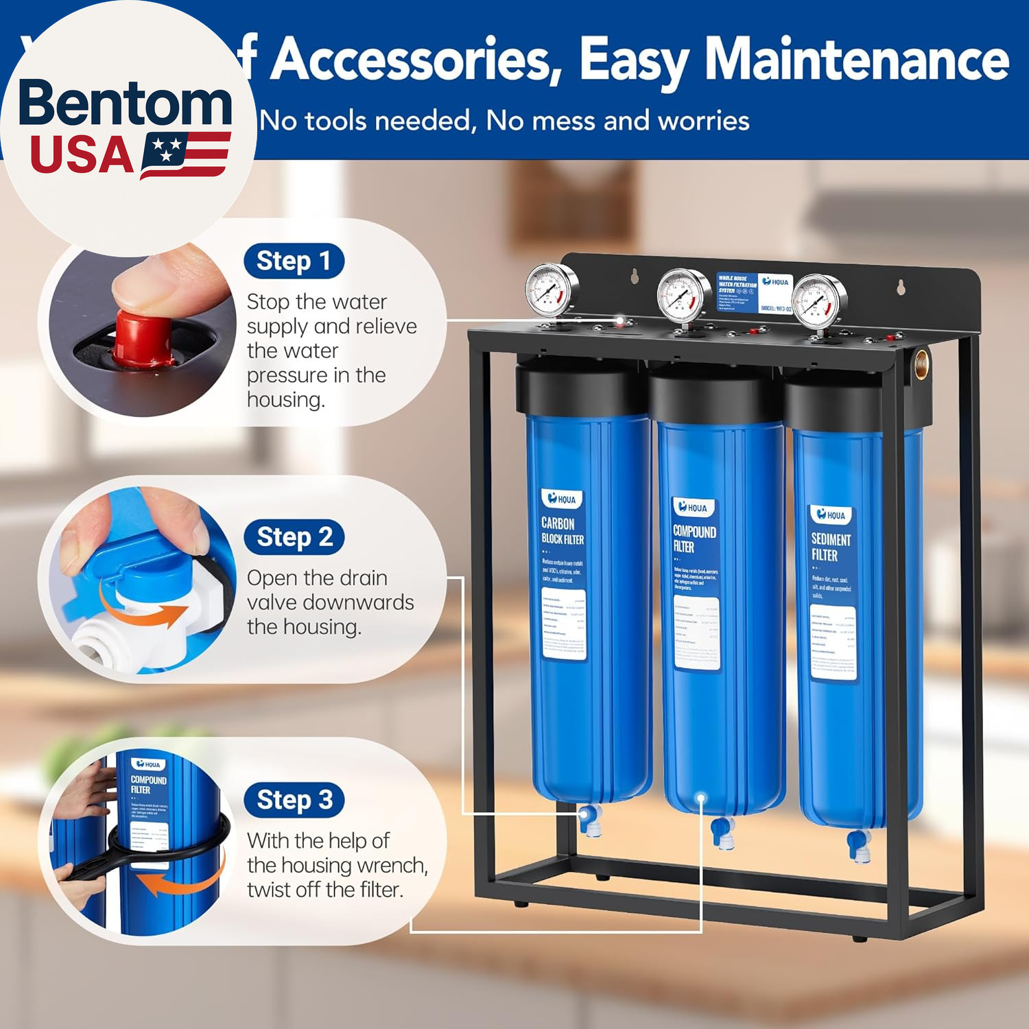 WF3-02 3-Stage Free-Standing Whole House Water Filtration System, Reduces Heavy