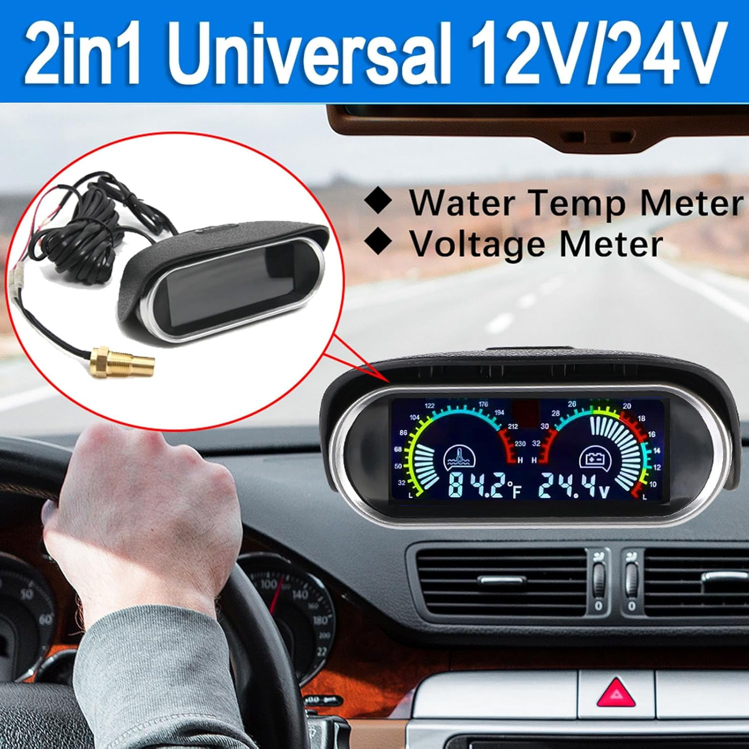 Digital 2-In-1 Water Temp & Voltage Gauge Set with 1/8 NPT Sensor for Car, Truck