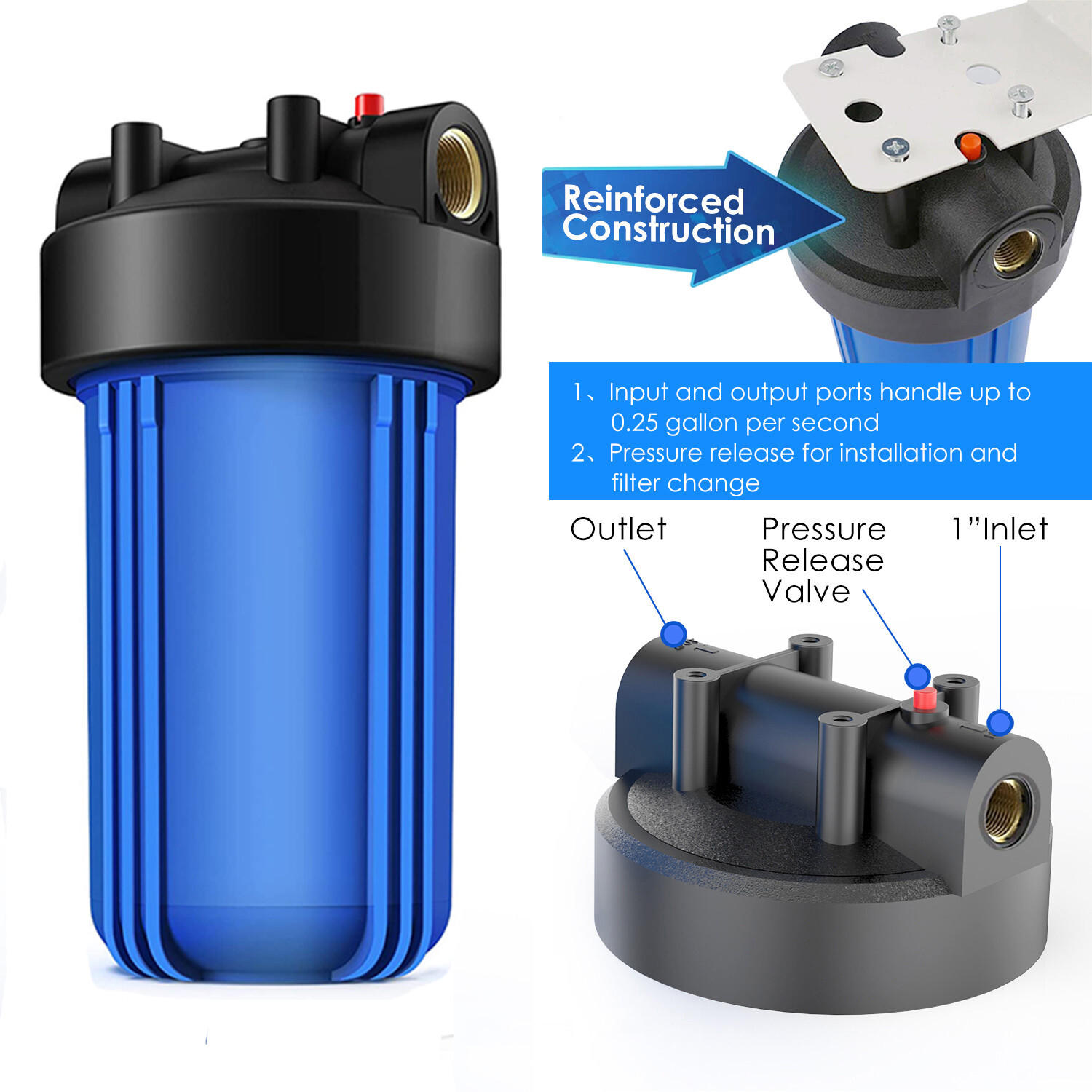 4Pack 10 Inch Big Blue Whole House Water Filter Housing For Well City Filtration