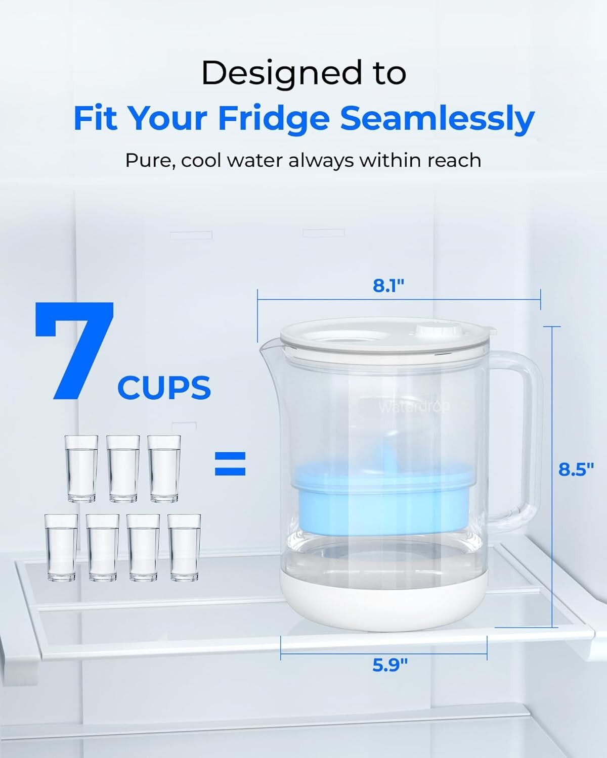 [Alkaline] Waterdrop Glass Alkaline Water Filter Pitcher with 1 Filter, Clear