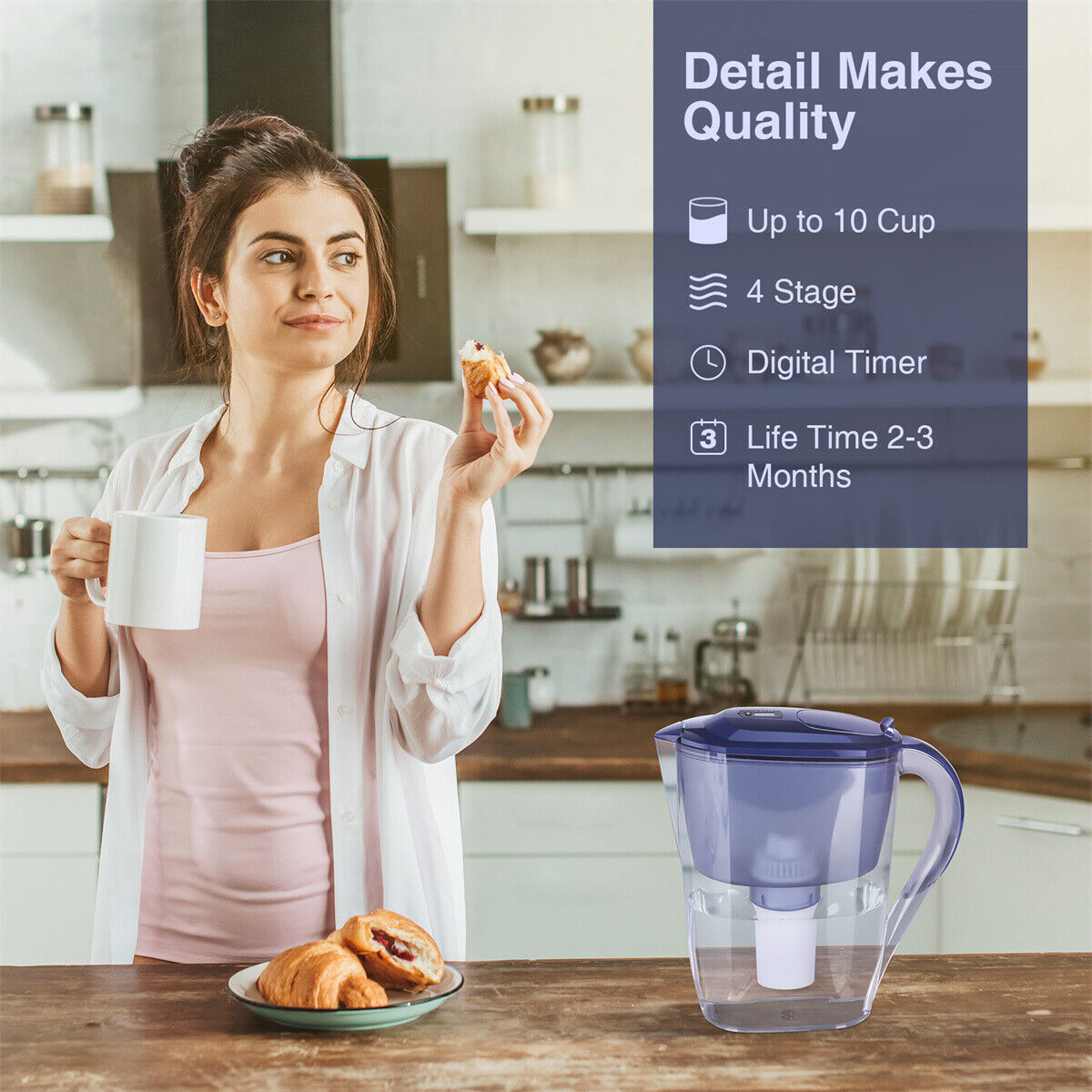 DP05 Water Filter Pitcher w/Filter,Long-Lasting 200gallons,Filtration Jug 12-Cup