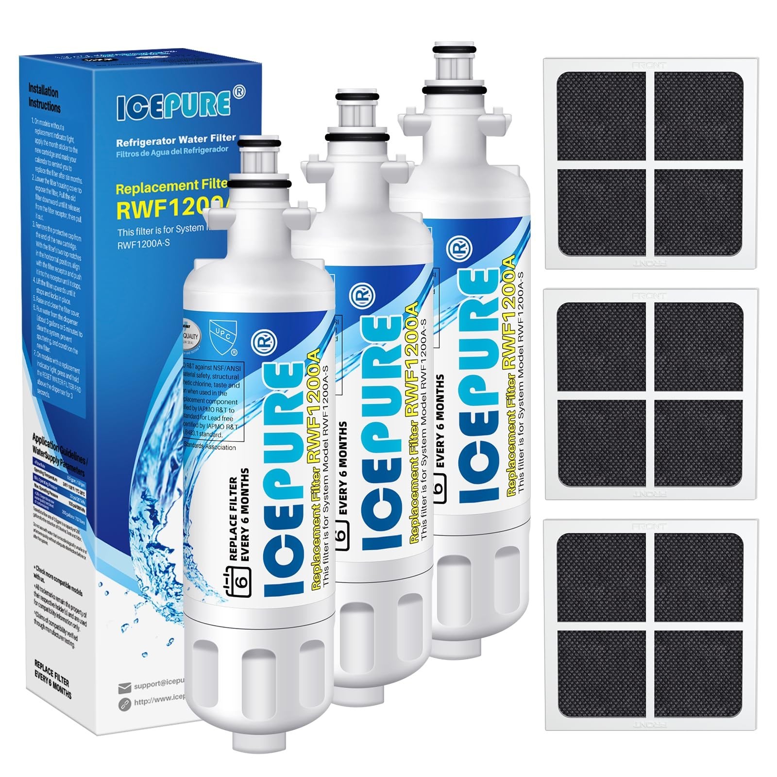 ICEPURE ADQ36006101 Replacement Water & Air Filter for LG/Kenmore, 3-Pack Combo