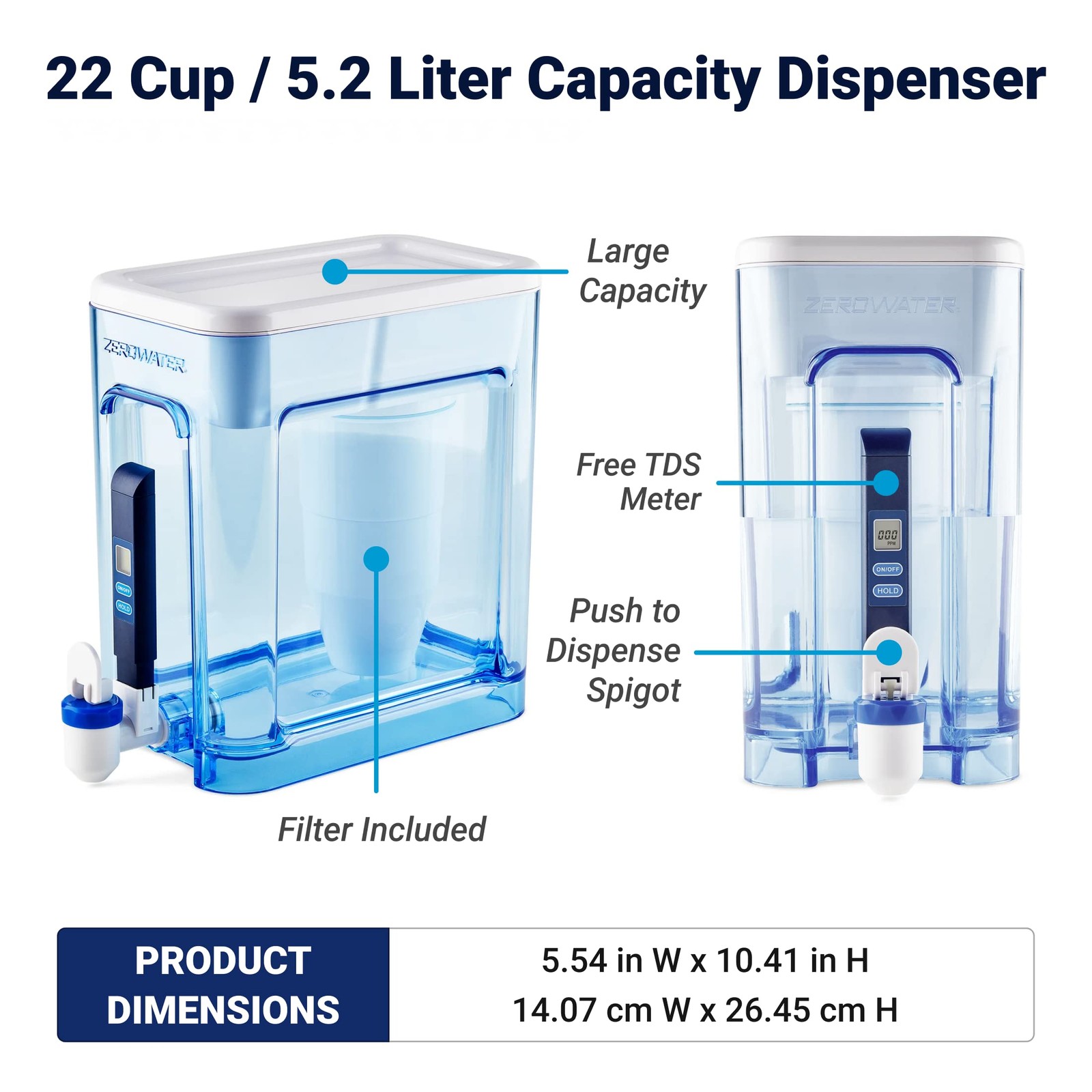 ZeroWater 22-Cup 5-Stage Water Filter Dispenser with 22-Cup, White/Blue