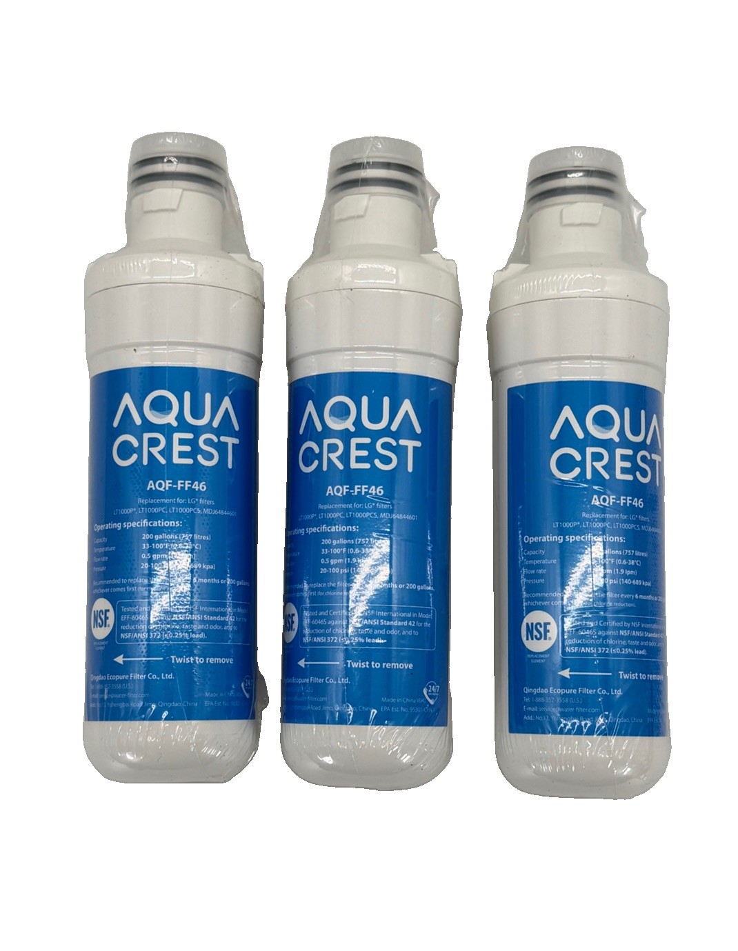 3 Aqua Crest AQF-FF46 Water Filter for LG LT1000P LT1000PC LT1000PCS MDJ64844601
